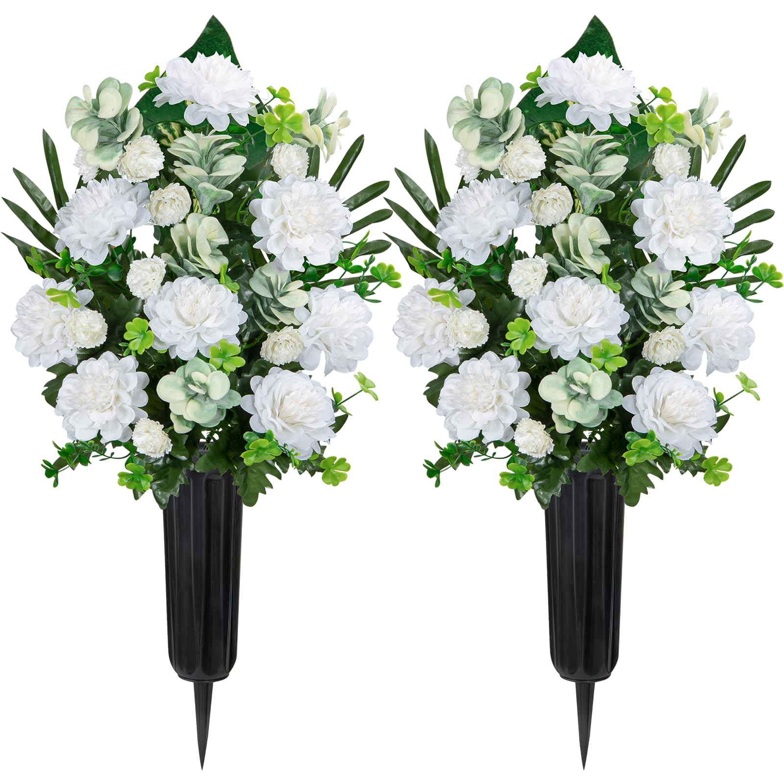 Velibobo White Artificial Flowers For Graves, Set Of 2 Memorial Cemetery Flowers Bouquets, Funeral Chrysanthemum With Vases For Outdoor Graveside Decoration (White)
