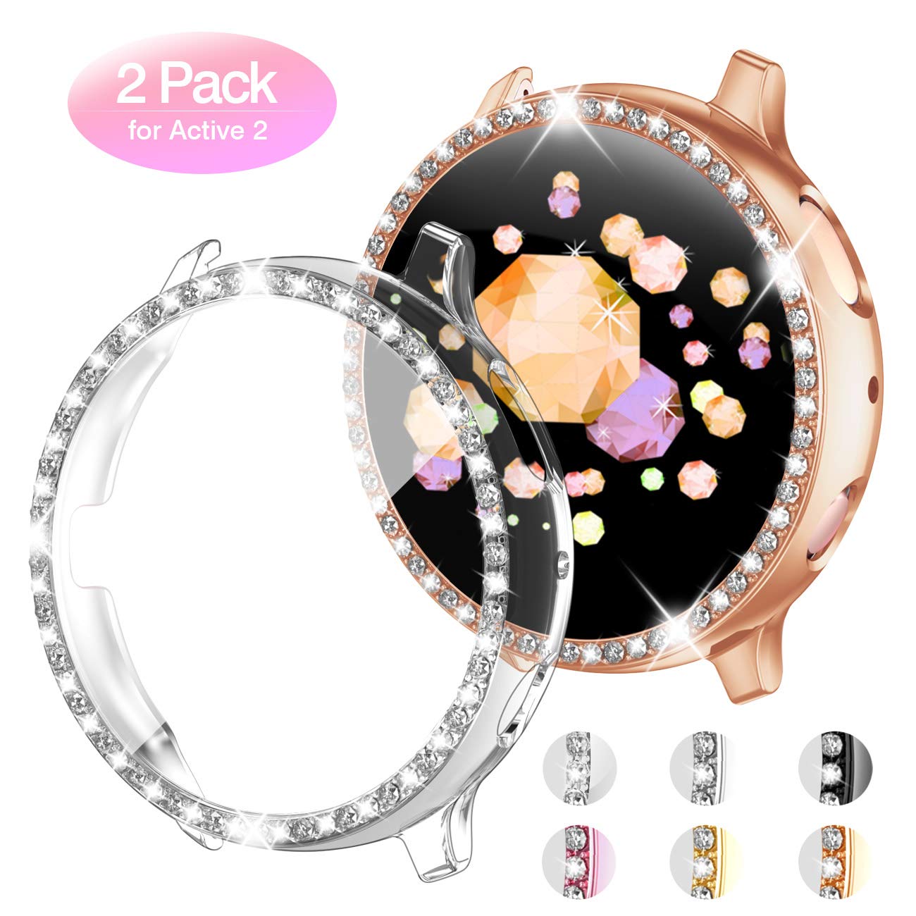 GEAK 2 Pack Bling Case for Samsung Galaxy Active 2 Watch 44mm Protector, Crystal Diamond Plated PC Bezel Bumper Shell with HD Screen Protector Cover for Galaxy Active 2 Watch Case 44mm Rose Gold/Clear