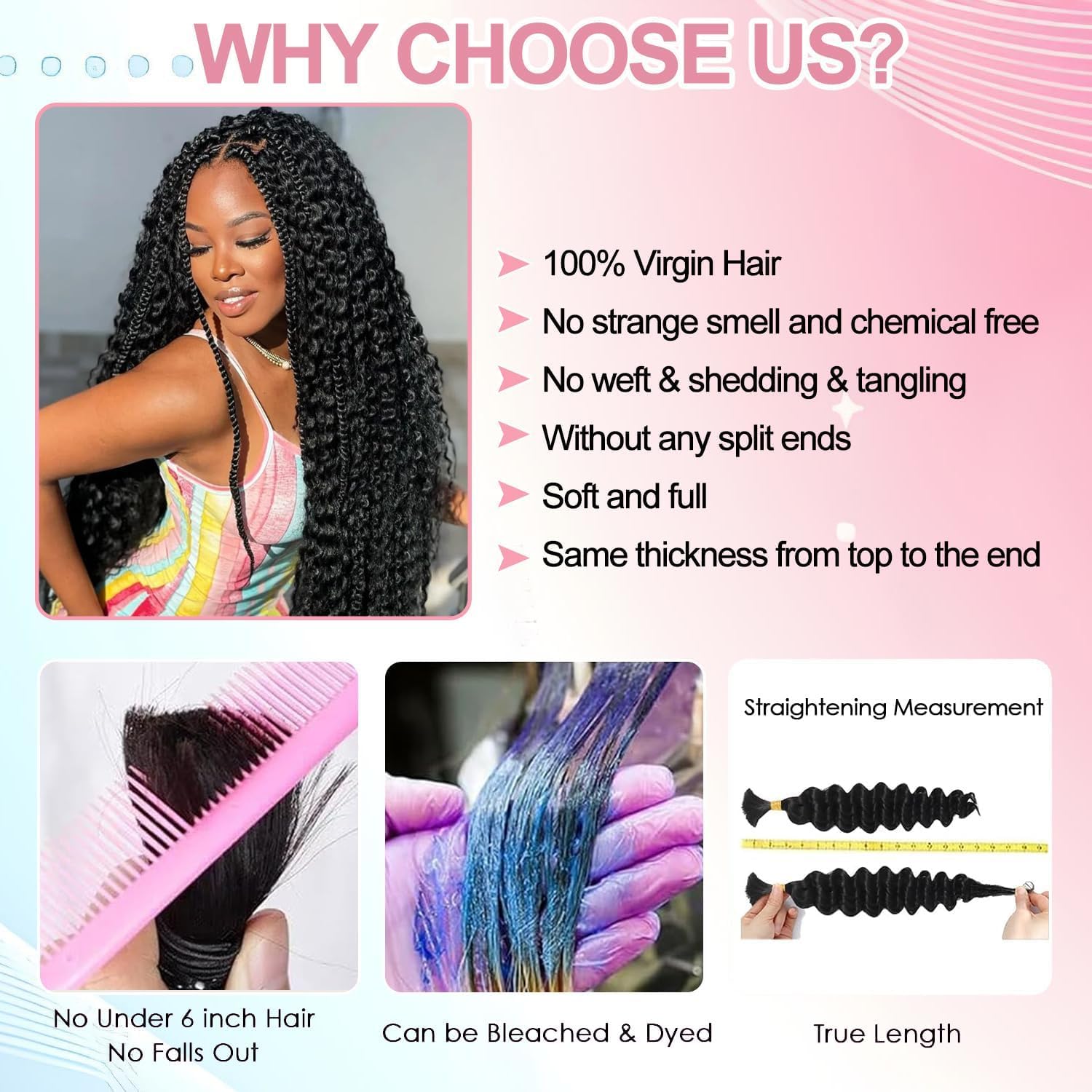 Cabello trenzado humano para trenzas bohemias, 100 g, 40 cm, 2 paquetes de extensiones sin broche, color negro, para trenzas bohemias, sin mechones, extensiones de agua profunda a granel, cabello