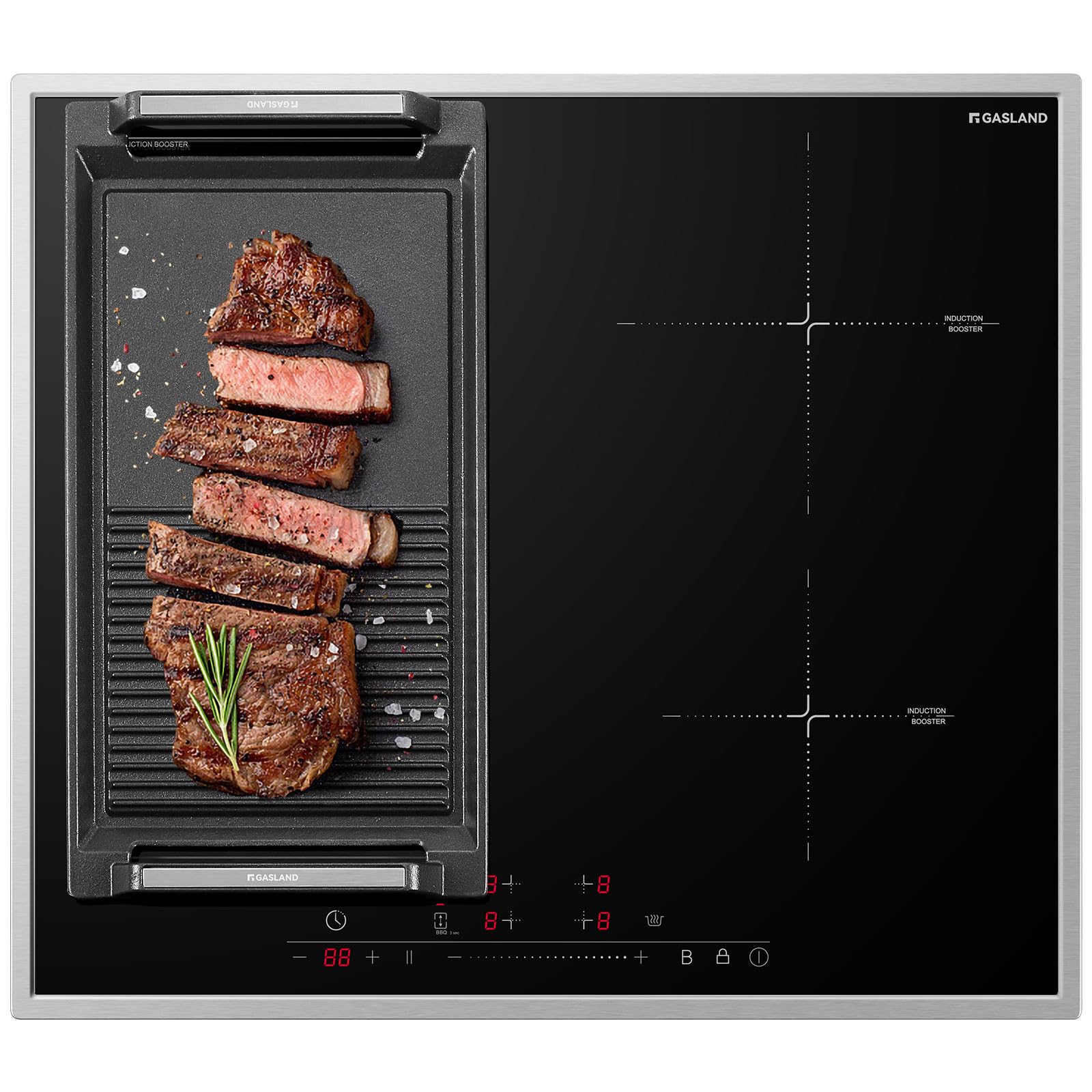GASLAND IH604BFB Placa de inducción de 60 cm con una zona flexible, cocina de inducción integrada de 4 zonas con marco de acero inoxidable, FlexInduction para BBQ, PowerBoost, 7000W (Sin sartén)