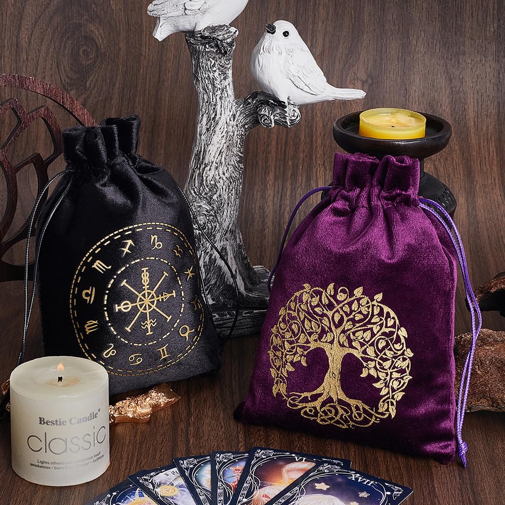 CREATCABIN 4 Packs Tarot Bag Tree OF Life Tarot Deck Holder Storage Bag Pouches Holder Rune with Drawstrings Large Capacity for Tarot Card Crystal Jewelry Gift Halloween 7x5.1 Inch Black Purple - Image 3