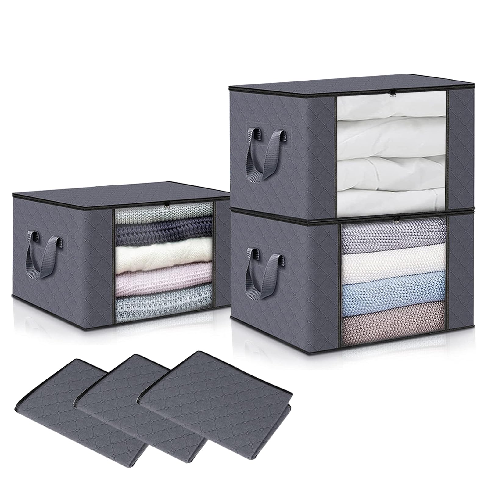 GUZHAIREN 3 Pack 90L Storage Bags, Large Capacity, 3 Sided Zip Top Lid, Practical for Storing Clothes, Toys & Duvet. Dust/Mites Proof, Ideal for House Moving. (Grey, 60 x 43 x 35 cm)
