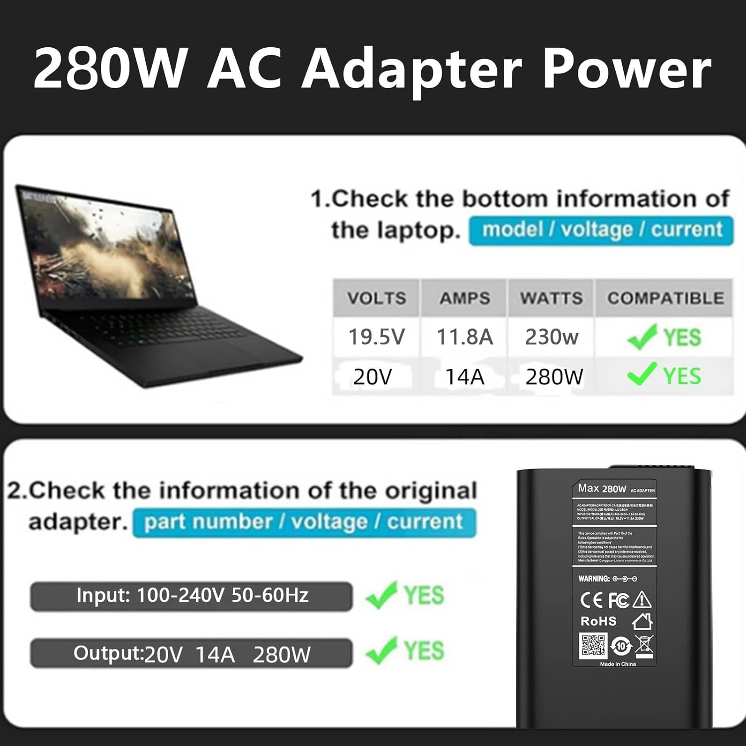 280W 20V 14A AC Charger Compatible with HP OMEN 16 Gaming Laptop ZBook Fury/Studio 16 G11 G10 G9 TPN-LA27 TPN-CA26 A280A011P PA-1281-08HT M94073-001 M94073-002 M95376-001 Power Supply Cord