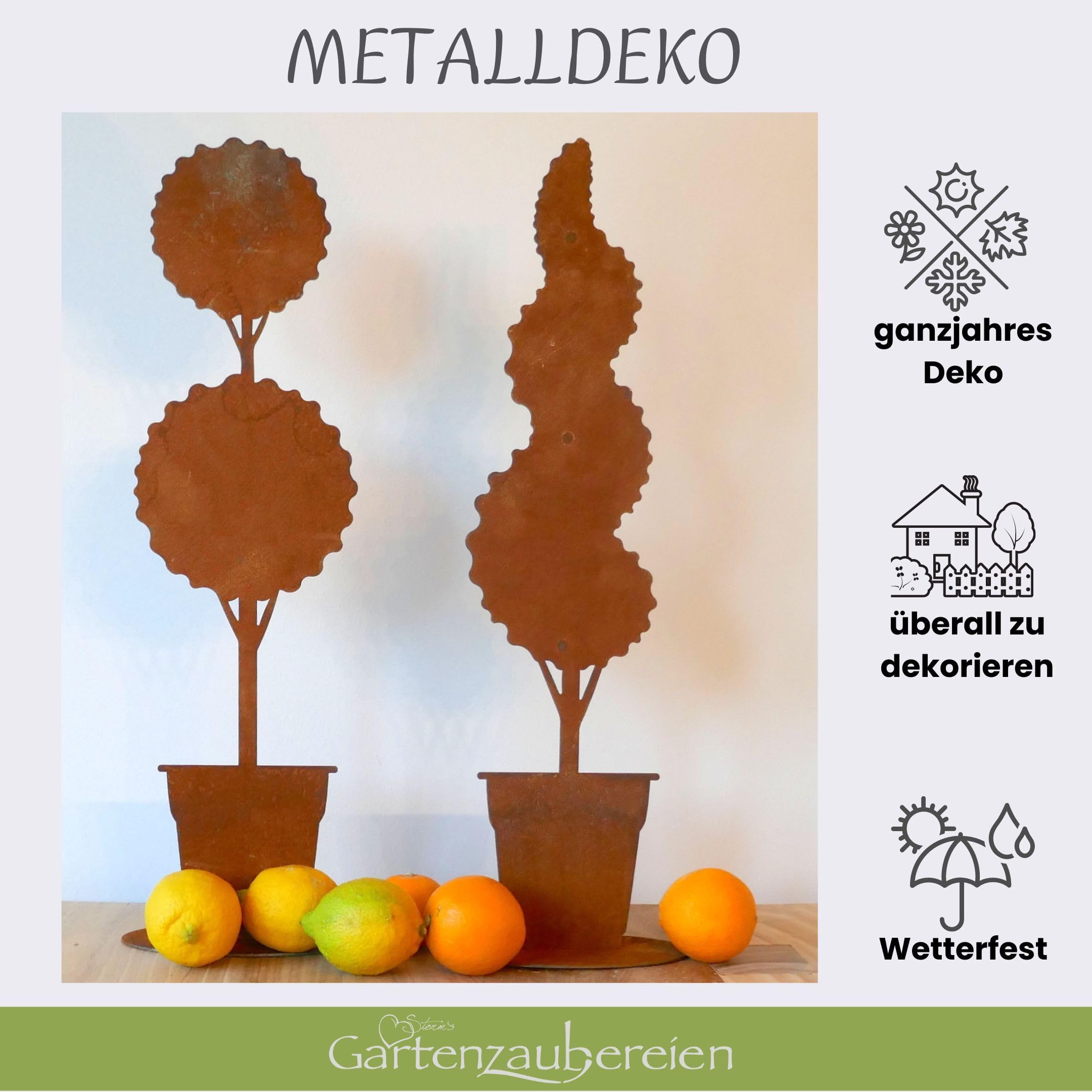 Storm's Gartenzaubereien Metalldeko in Rost Baum im 2er Set mit Formschnitt 57cm zum Stellen Edelrost Deko für Balkon und Terrasse