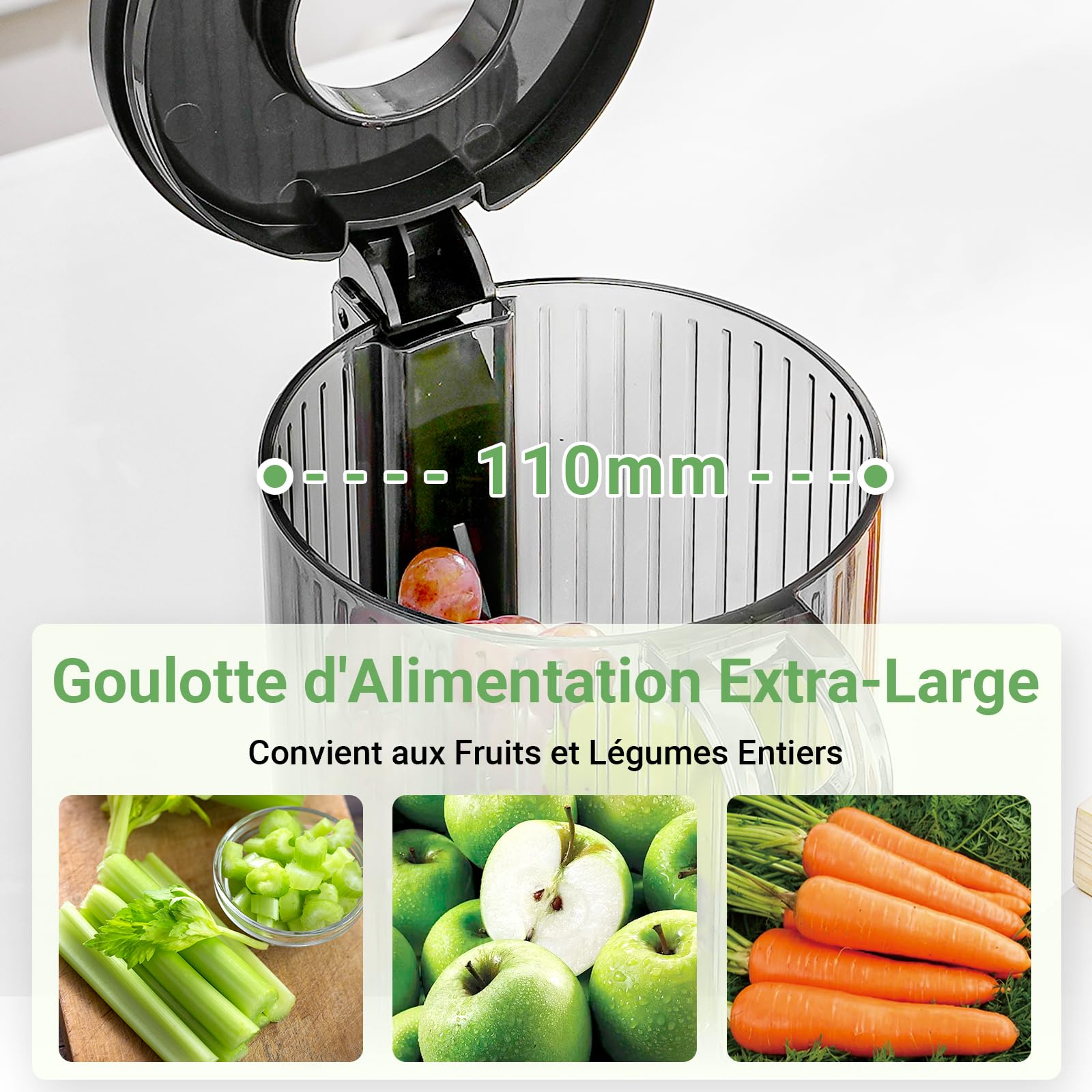 AAOBOSI Extracteur de Jus Fruits Légumes 110 mm Mastication Inversée Sans BPA 2 Tasses Brosse