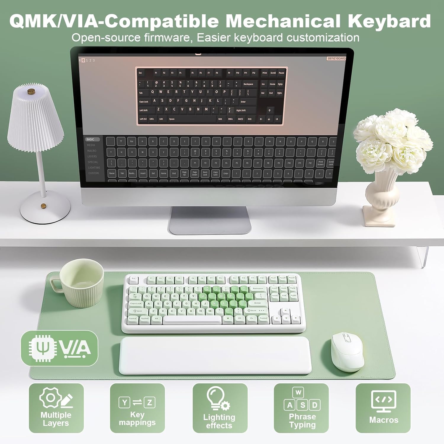 YUNZII B87 Wireless Mechanical Keyboard,QMK/VIA Programmable,TKL Layout 87 Keys,BT/2.4G/USB-C,Hot Swap Gasket Mount RGB Backlit Gaming with Wrist Rest for Win/Mac (Matcha Heart, Cocoa Cream V2) - Image 5