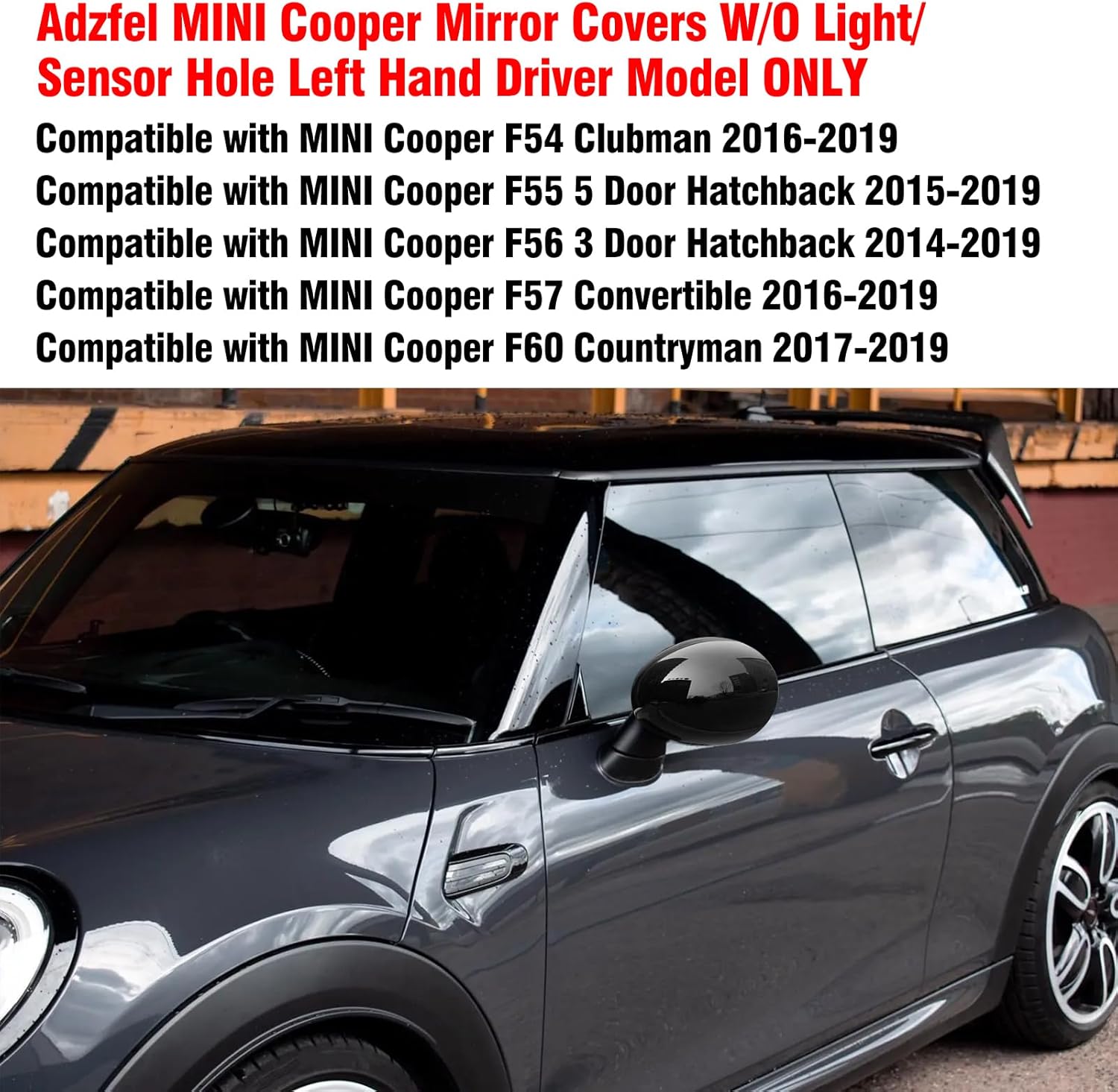 2PCS Compatible with MINI Cooper Mirror Cover F54 F55 F56 F57 F60 2016-2019, LHD Only Pair MINI Cooper Mirror Caps W/O Light Hole Replacement 51167401230/51167401229 - Glossy Black
