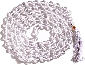 REBUY Clear Quartz Sphatik Mala108+1 Bead Healing Crystal Rosary Necklace Mala Bead Size 8 MM Natural Stone For Unisex Adult