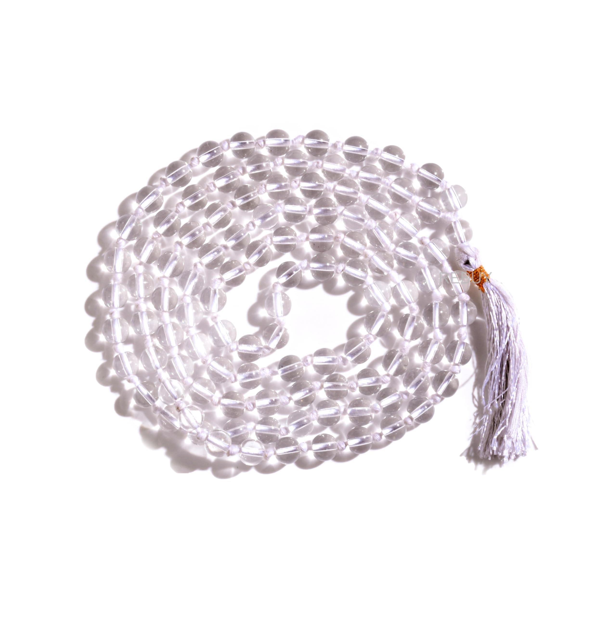 REBUY Clear Quartz Sphatik Mala108+1 Bead Healing Crystal Rosary Necklace Mala Bead Size 8 MM Natural Stone For Unisex Adult