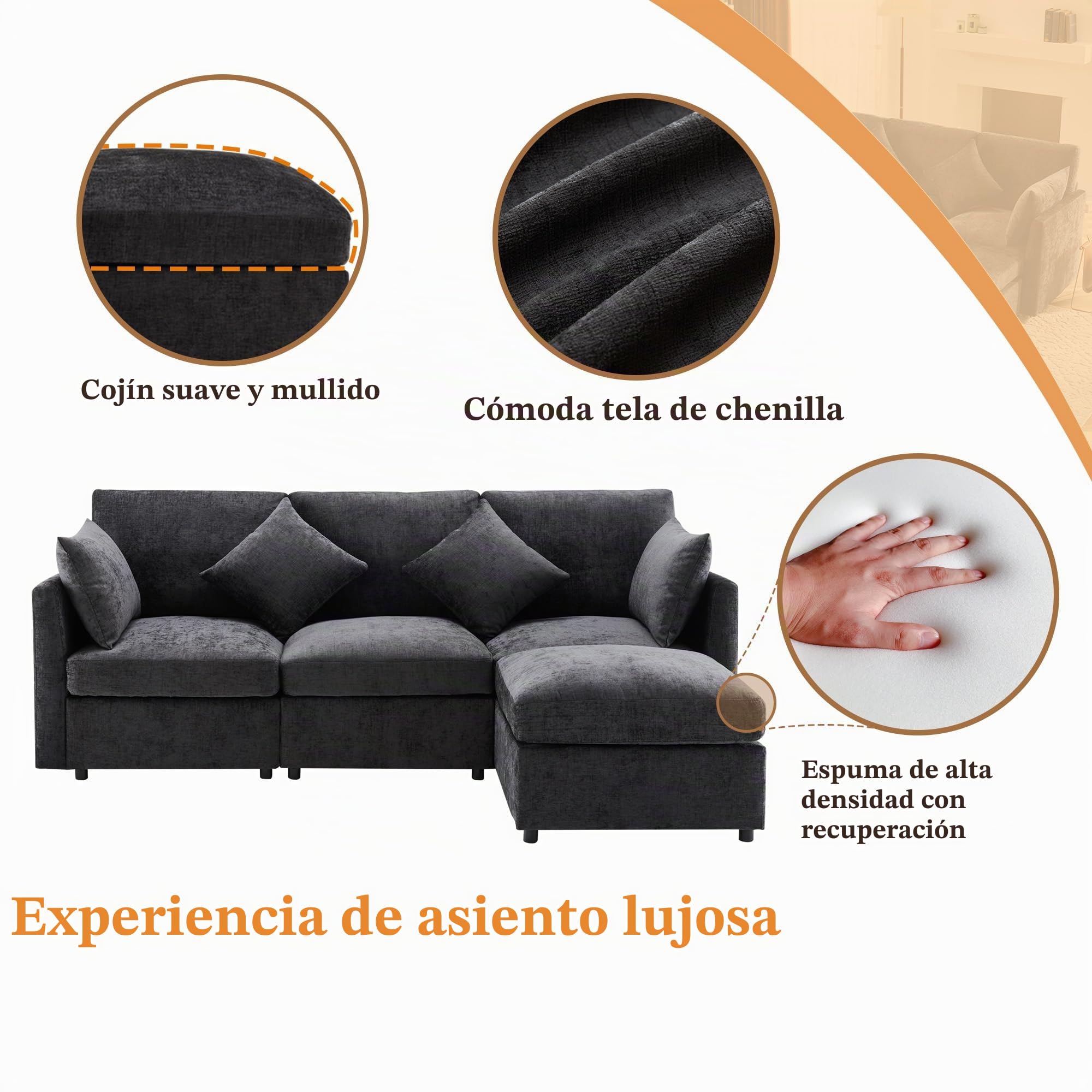 Sofá moderno modular de tela de felpilla, sofá cama de 3 plazas, de 4 plazas, sofá esquinero en forma de L con reposapiés, sofás con chaise longue, 216 x 161 x 81 cm (gris)