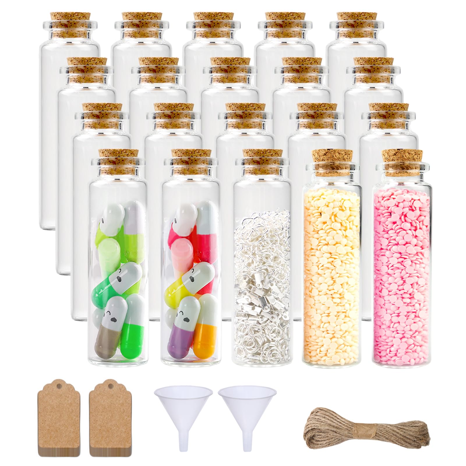 40 Fiole en Verre, 25 ml Petite Fiole en Verre avec Bouchon, Petite Bouteille en Verre avec Carte, Ficelle, Entonnoir, Pour Épices, Bonbons et Cadeaux DIY