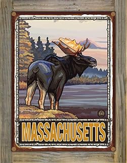 Northwest Art Mall Massachusetts Moose Rustic Metal Print on Reclaimed Barn Wood from Travel Artwork by Artist Paul A. Lanquist 8.5" x 11.5"
