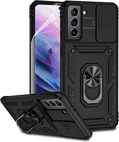 Funda para Samsung Galaxy S21 con cubierta para lente de cámara, protector de pantalla HD, doble capa de grado militar, probada contra caídas,