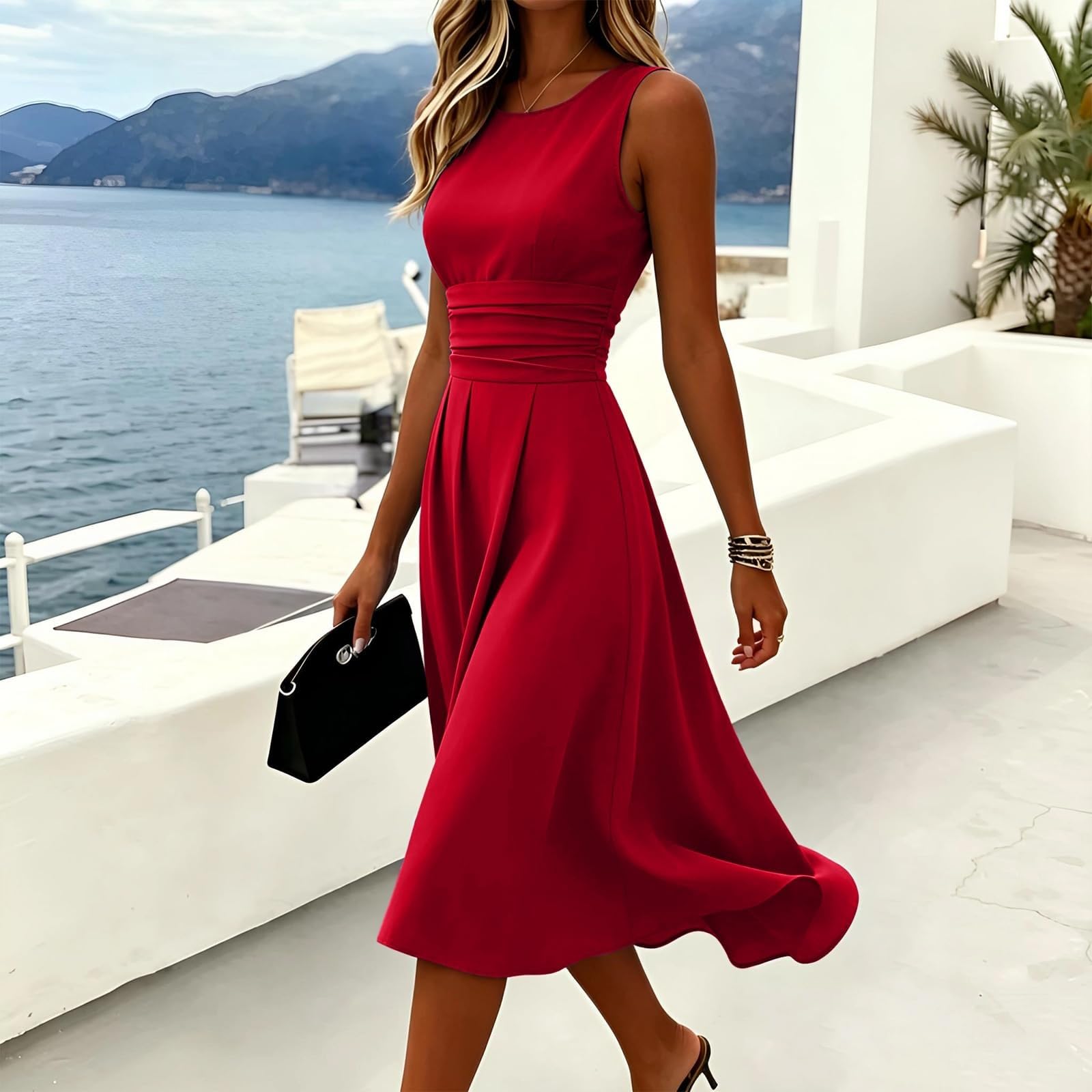 Vestido de verano una línea hasta la rodilla, vestido midi de verano, cuello redondo, vestido de tirantes, sin mangas, vestido de noche, sin mangas, ajustado, informal, elegante, festivo