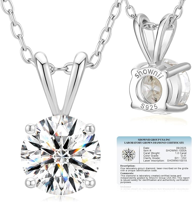 shownii 0.25-2CT LAB GROWN Diamond Solitaire Pendant Necklace for Women | Certified G-H Color, SI1-VS2 Clarity 14K Gold Plated Sterling Silver Round Cut 4 Prong Setting Jewelry, 16.5"+3" Chain