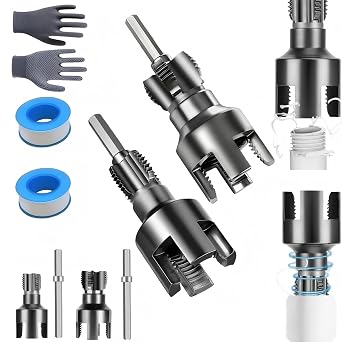 2Pcs Pipe Threading Tool, 1/2 and 3/4 Inch Integrated Internal & External Water Pipe Threading Tool for Electric Drill, PVC Pipe Threader Cutting Tool 1/2"+3/4"