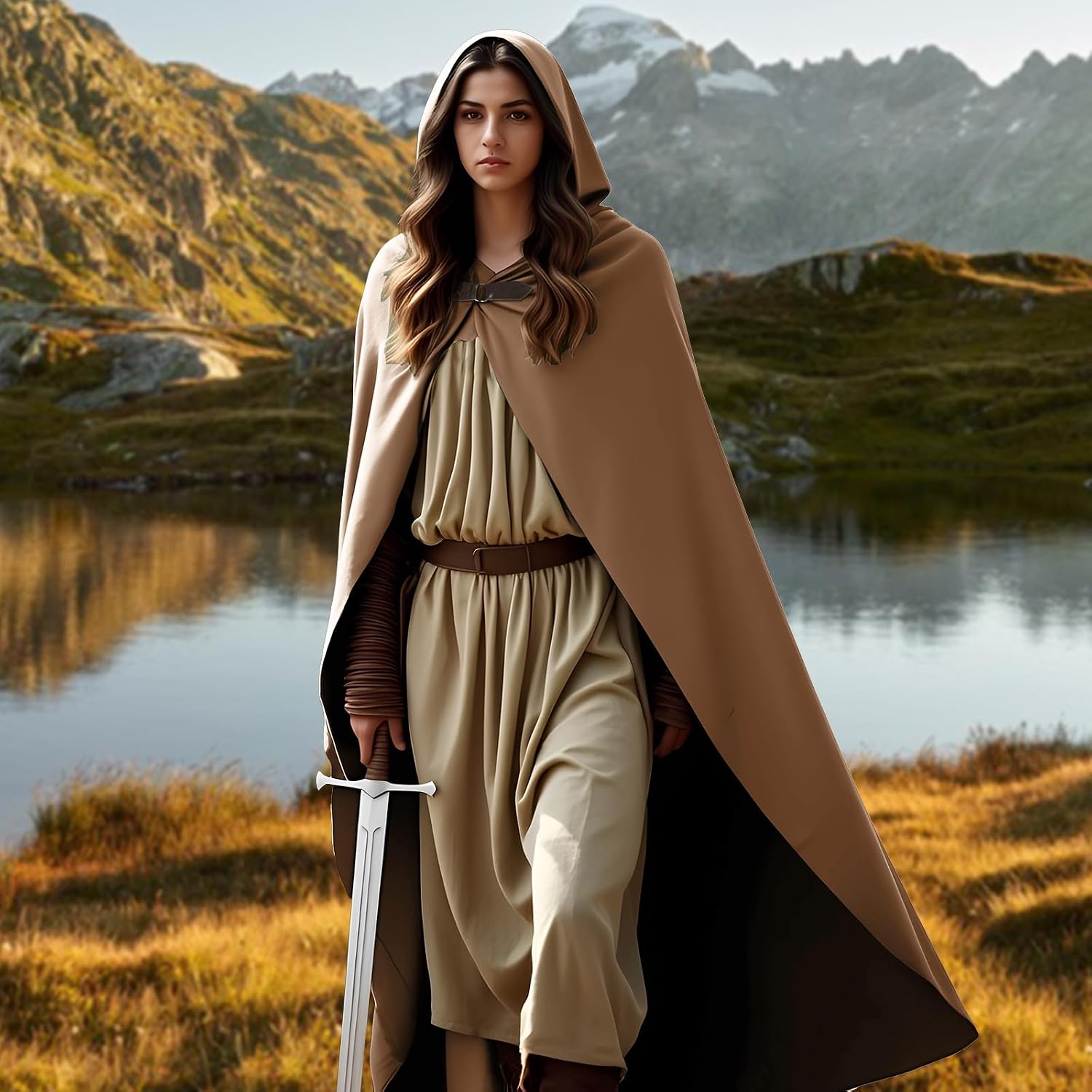 Cloak with Hood Women, Medieval Costume Round Metal Buckle Cloak with Green Leaf Brooch Necklace for Halloween.