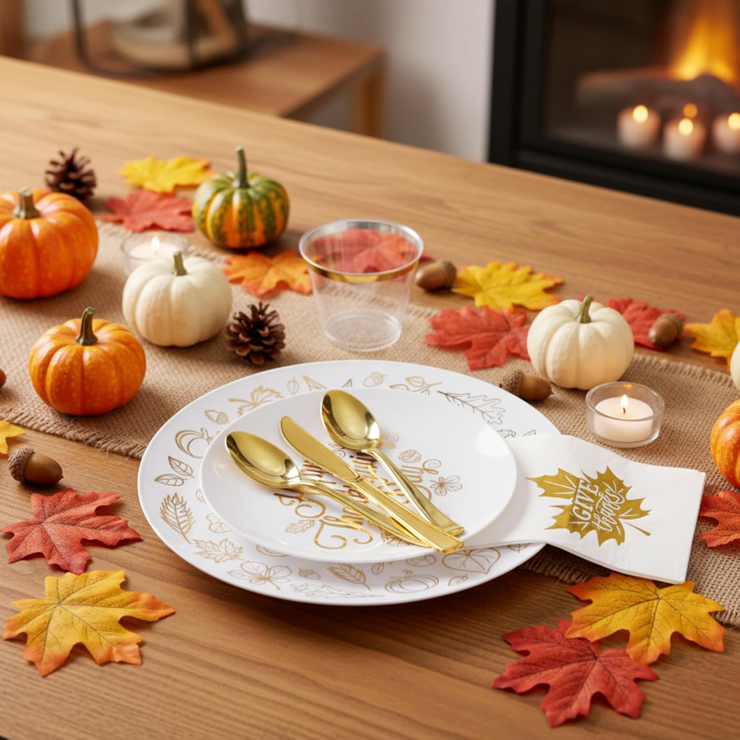 Shellwei 280 Pcs Plastic Dinnerware Set, Disposable Plates Includes 40 Dinner Plates 40 Cups 40 Dessert Plate 40 Papers Napkins 40 Forks Knives Spoons for Party(Thanksgiving)