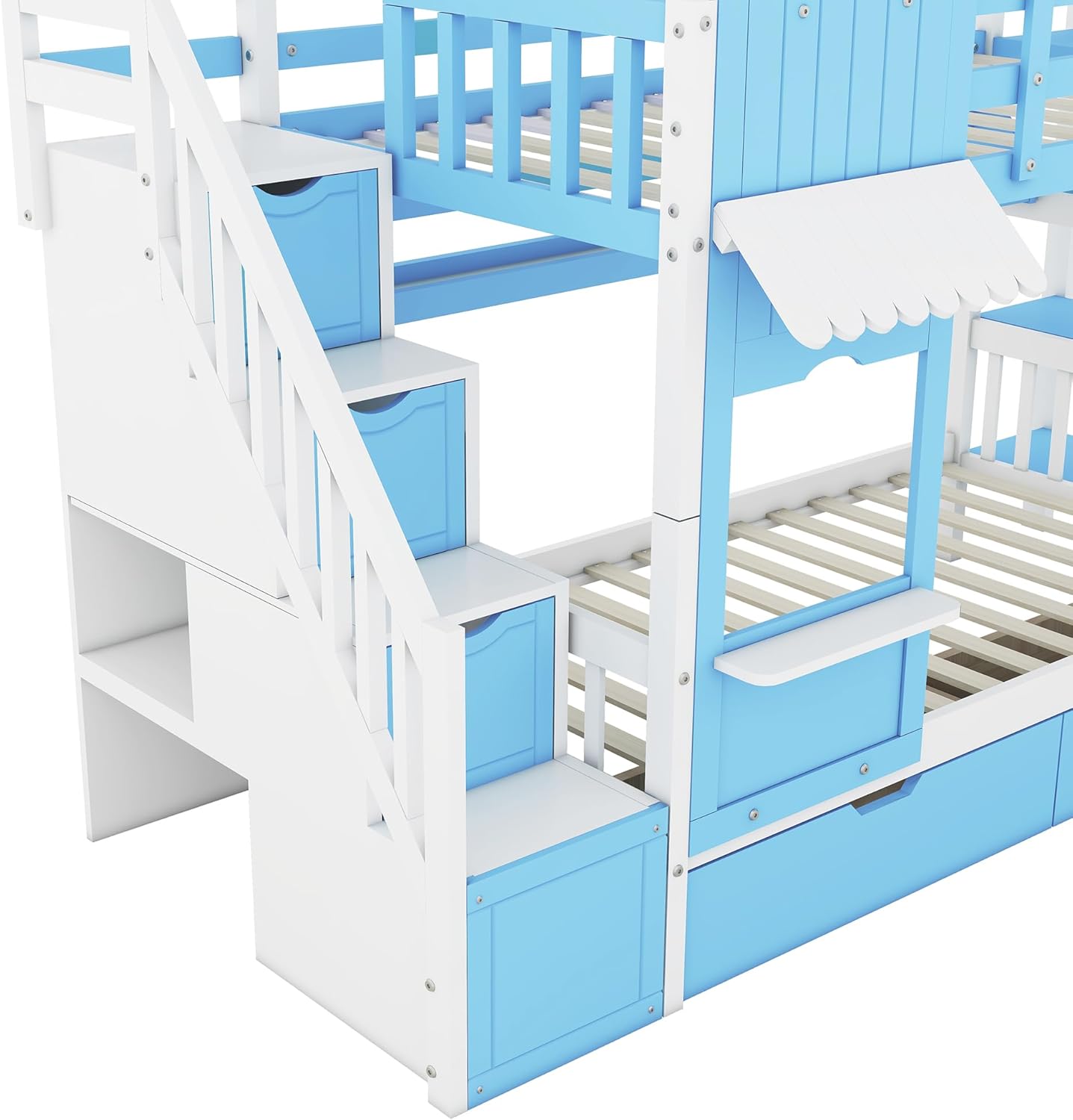 Twin Over Twin Bunk Bed with Slide, Castle Style House Bunk Bed with Storage Staircase, 2 Drawers and 3 Shelves, Solid Wood Bunk Bed Frame with Guardrails for Girls Boys (Blue@057)