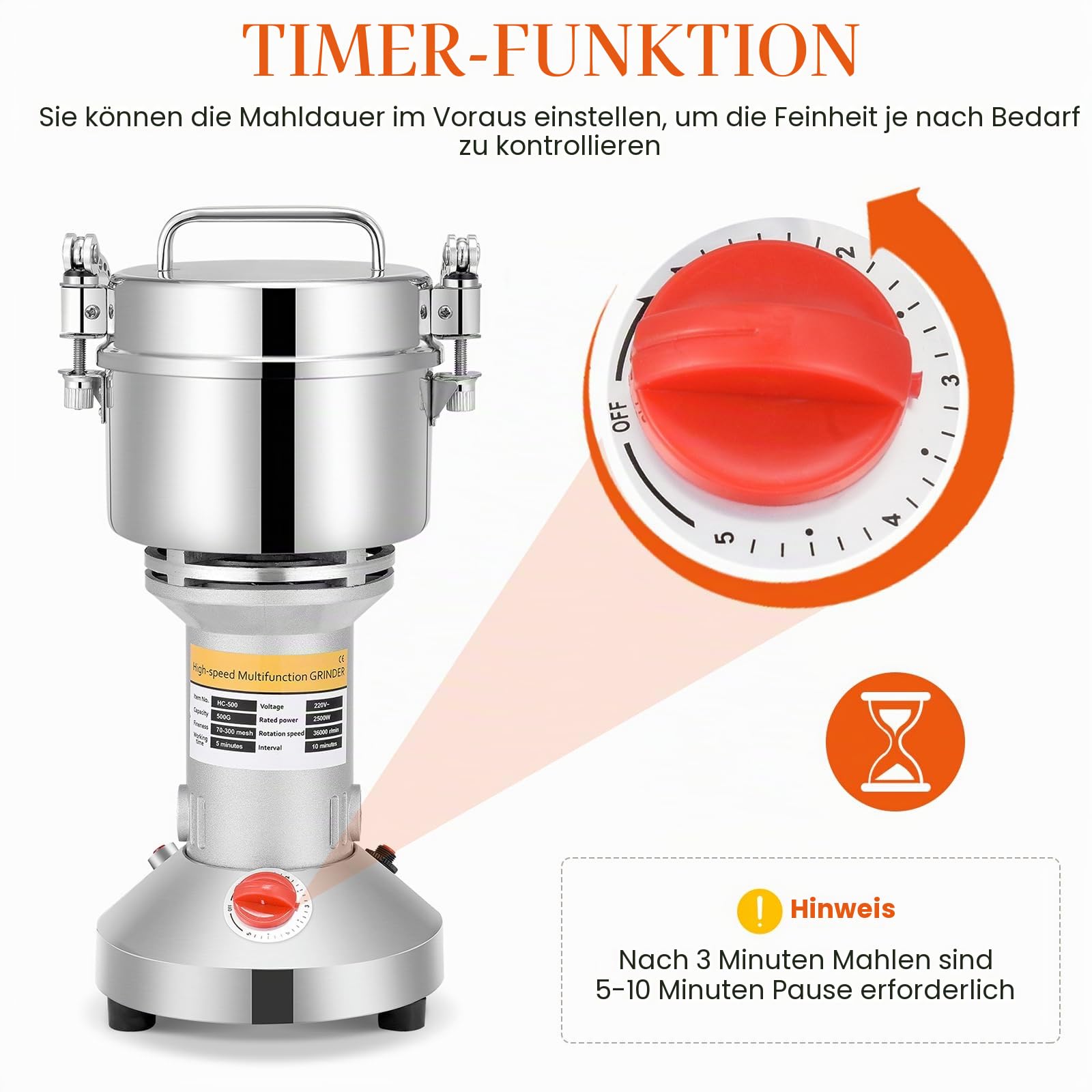 Getreidemühle Elektrisch, Aomdom 500g Getreidemühle Edelstahl Mühle Elektrisch 28000rpm Starker Motor High Speed Elektrische Mühle 30s Feinmahlung für Küchengetreide Gewürz Mais