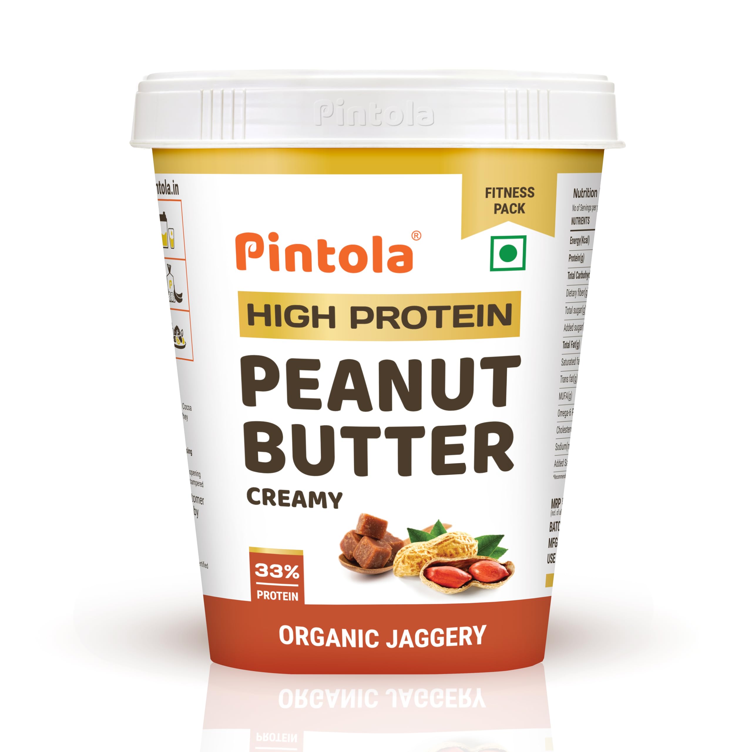 Pintola HIGH Protein ORGANIC JAGGERY Peanut Butter Creamy 510g with 33g Protein & 7g Fiber, Whey Protein Peanut Butter, Gluten Free, Zero Added Salt, Cholesterol Free, 100% Roasted Peanuts