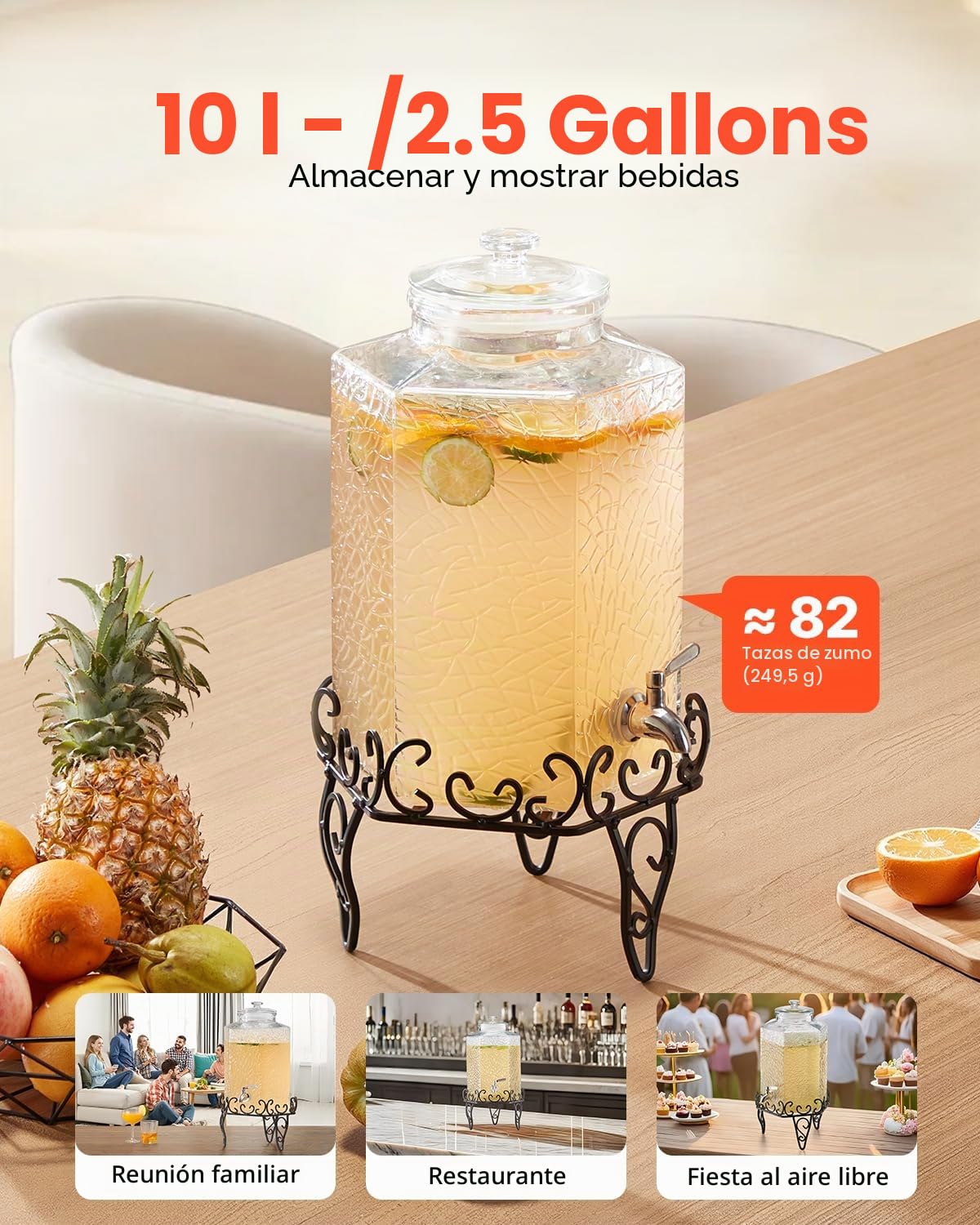 VEVOR Dispensador de Bebidas 10 L para Fiestas, Dispensador de Zumo de Cristal con Soporte Metálico y Grifo de Acero Inoxidable, Ideal para Té Helado, Limonada, Zumo y Agua, 400 x 210 x 210 mm