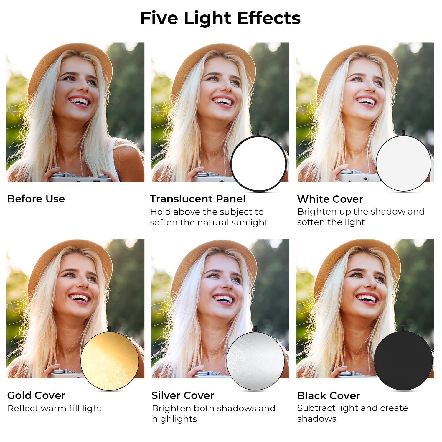 K&F CONCEPT 5-in-1 Light Reflector 32"(80cm) Photography Diffuser Collapsible Portable for Studio and Outdoor Lighting Gold Silver White Black Translucent
