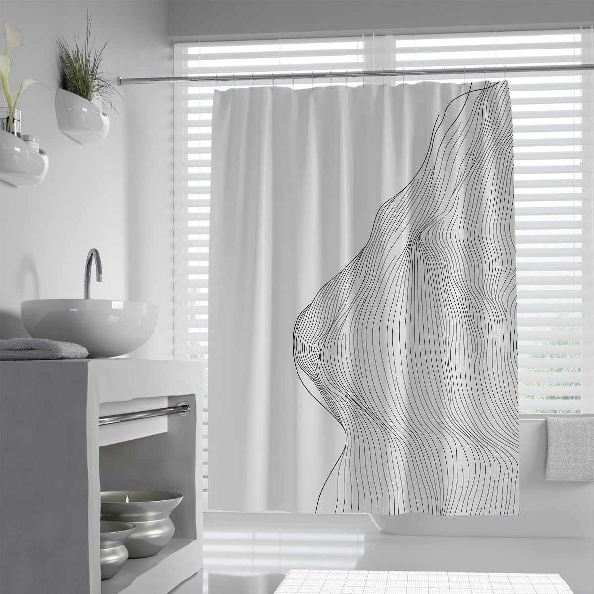 UIRINGART Minimalist Abstract Lines Shower Curtain W120xL180cm Nordic Geometric Topographic Waves Pattern Water Repellent Quick Dry Apartment Bath Screen With Hook
