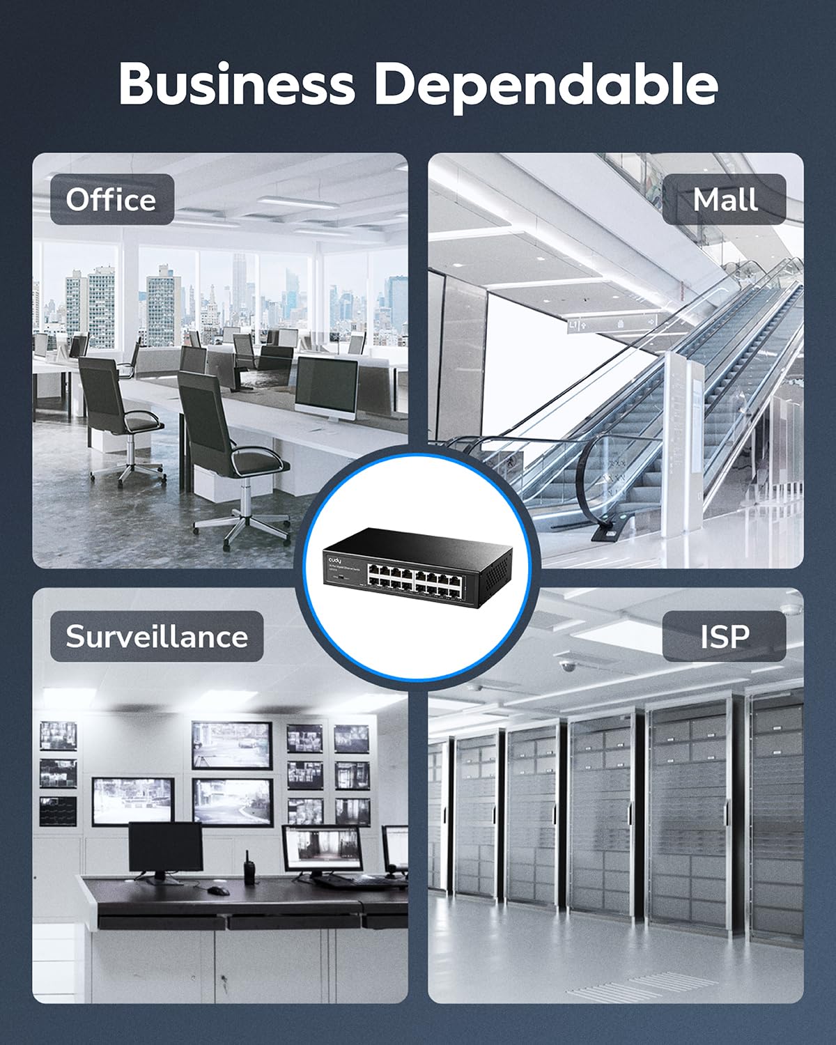 Cudy GS1016 - Unmanaged Switch Gigabit en Bastidor para Empresas (16 Puertos, detección automática, 1000 Mbps, optimización del Rendimiento, Plug and Play), Negro