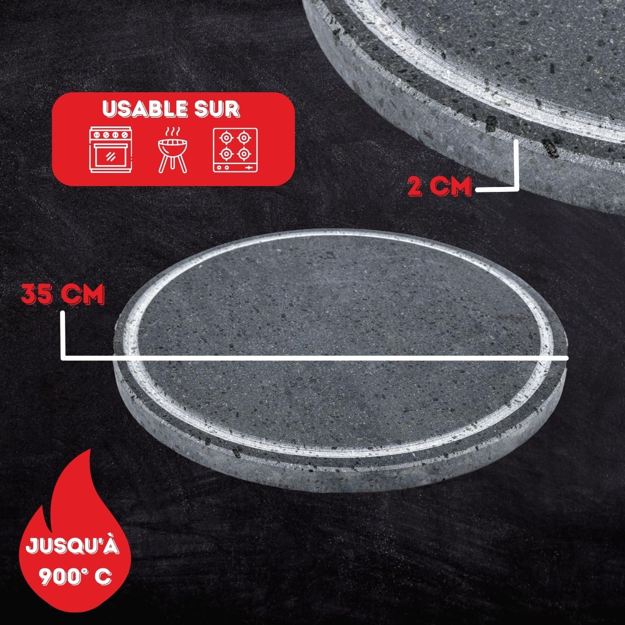 Piastra Per Barbecue Plancha Pierre De Lave Etna 35cm - Pour Barbecue Gaz/ Bois/Électrique - Cuisson Saine, Anti-Adhésive Rainure égouttoir Graisse