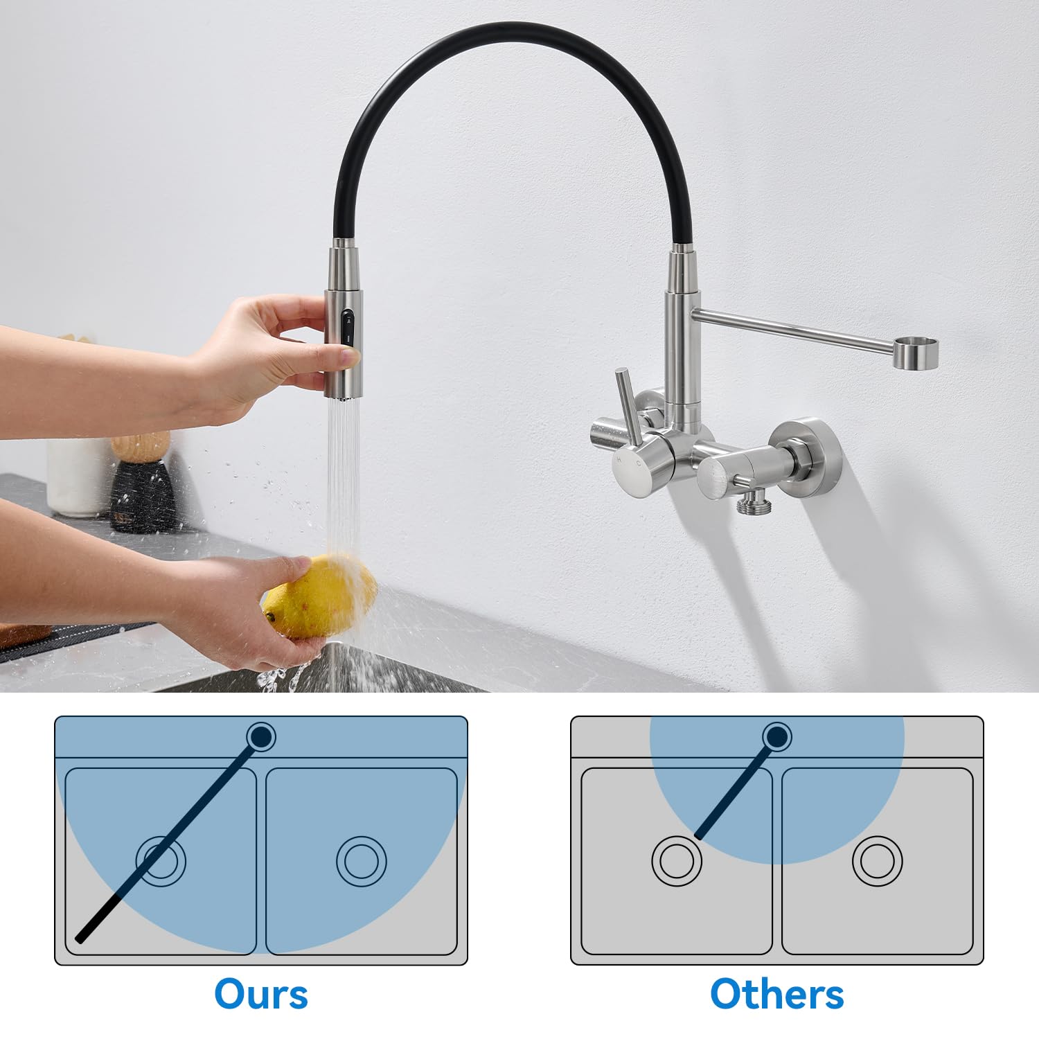 Wasserhahn Küche Wandmontage mit 3/4 Zoll Anschluss, Küchenarmatur Wand für Geschirrspüler/Waschmaschine, Wandarmatur mit 3 Strahlarten, 360° Drehbar Flexibler Auslauf, Gebürstetes