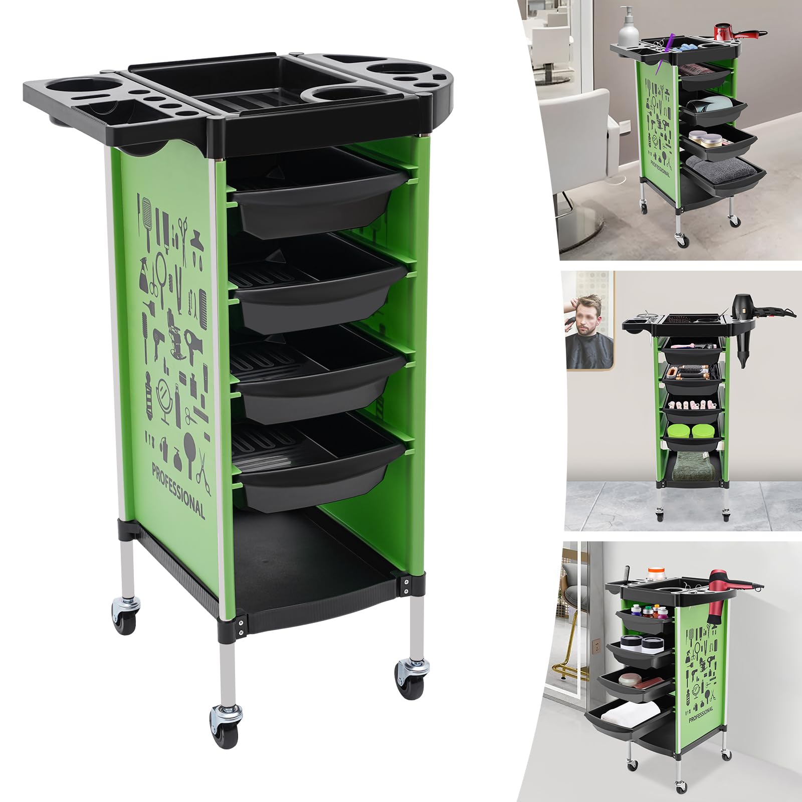 WooDerson Friseurwagen, Friseurwagen mit 4 Schubladen und Rollen, Friseur Zubehör, Beauty Salon Trolley für Stylist Friseur Haarstyling SPA (Grün)