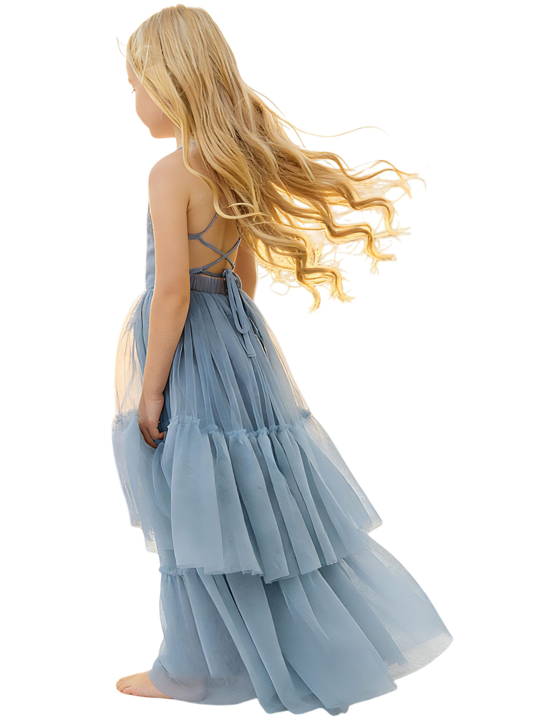 Photo 1 of Kismissal Flower Girl Dress Boho Tulle Backless Strap Layered Girls Dresses for Beach Wedding Photoshoot Party Maxi Gown,Dusty Blue,6Y