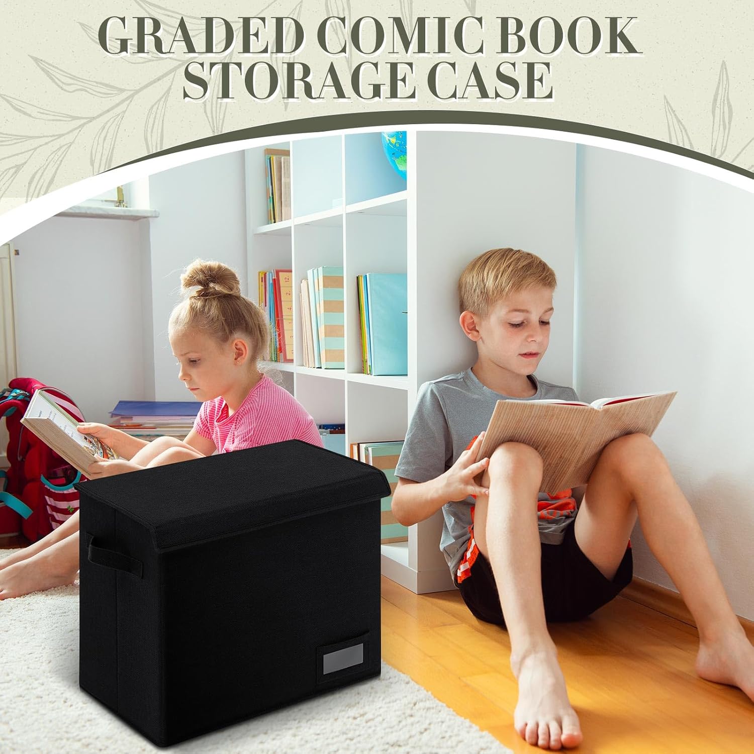 2 Pack Graded Comic Book Storage Box 15.5 x 9.5 x 13.5 Inch Collapsible Holds 56 Comic Book Organizer with Lid Labe 3 Removable Box Partitions, Black