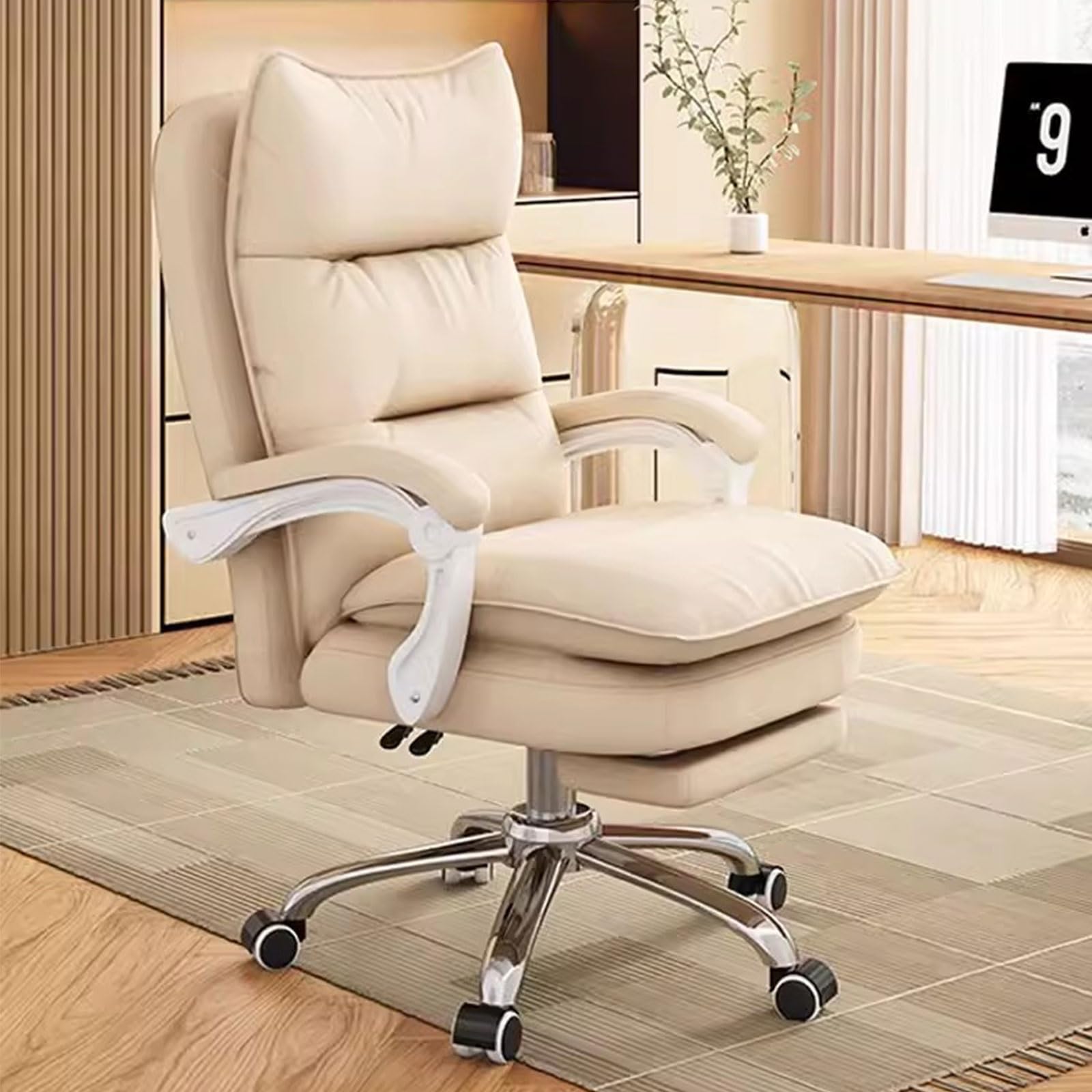 Ergonomiczne duże i wysokie krzesło do biura domowego z kółkami grube oparcie podłokietnik regulowana wysokość siedziska beżowy rozmiar: bez