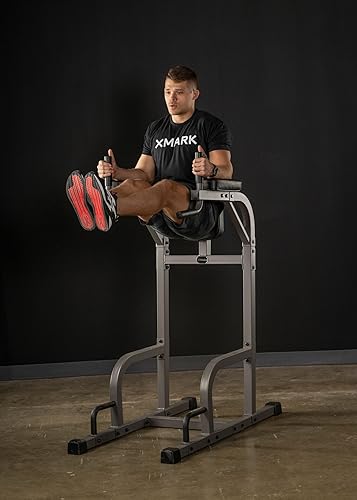 Miniatura 5 de XMARK Silla de capitán con soporte de inmersión y estación de empuje, elevación vertical comercial de rodilla, máquina de entrenamiento de la parte