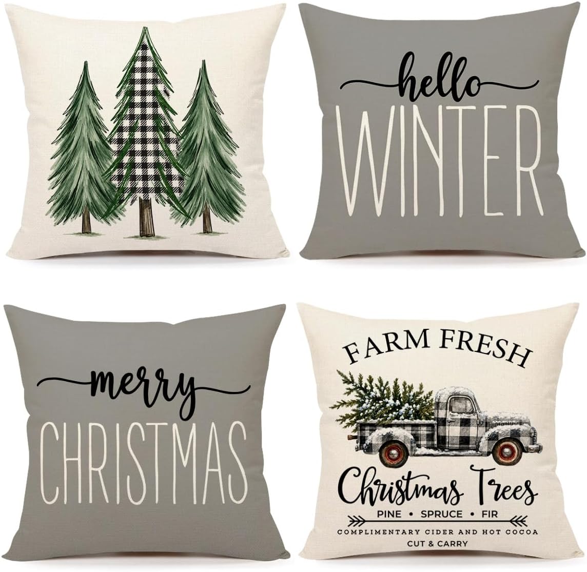 4TH Emotion Gray Christmas Pillow Covers 18x18 Set of 4 Farmhouse Decorations Merry Tree Truck Hello Winter Holiday Decor Throw Cushion Case for Home Couch S22C19