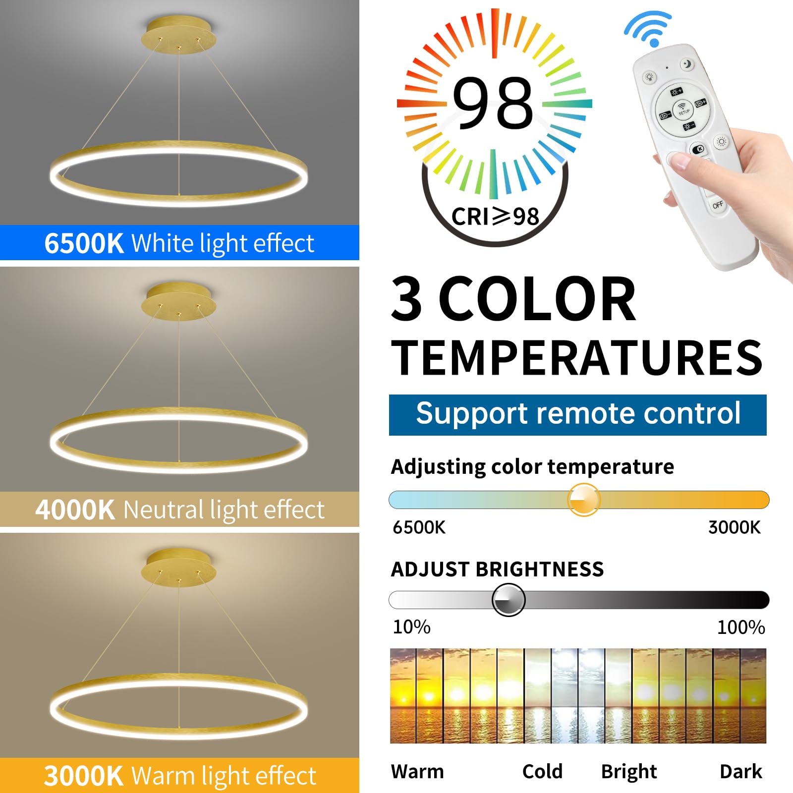 Mikeru Lampadario LED Oro 40cm, Lampada Sospensione Lineare 3000k/4500k/6500k Telecomando dal 10% al 100% Lampadario LED Soffitto Moderno Nero con Funzione di Memoria per Camere da Letto