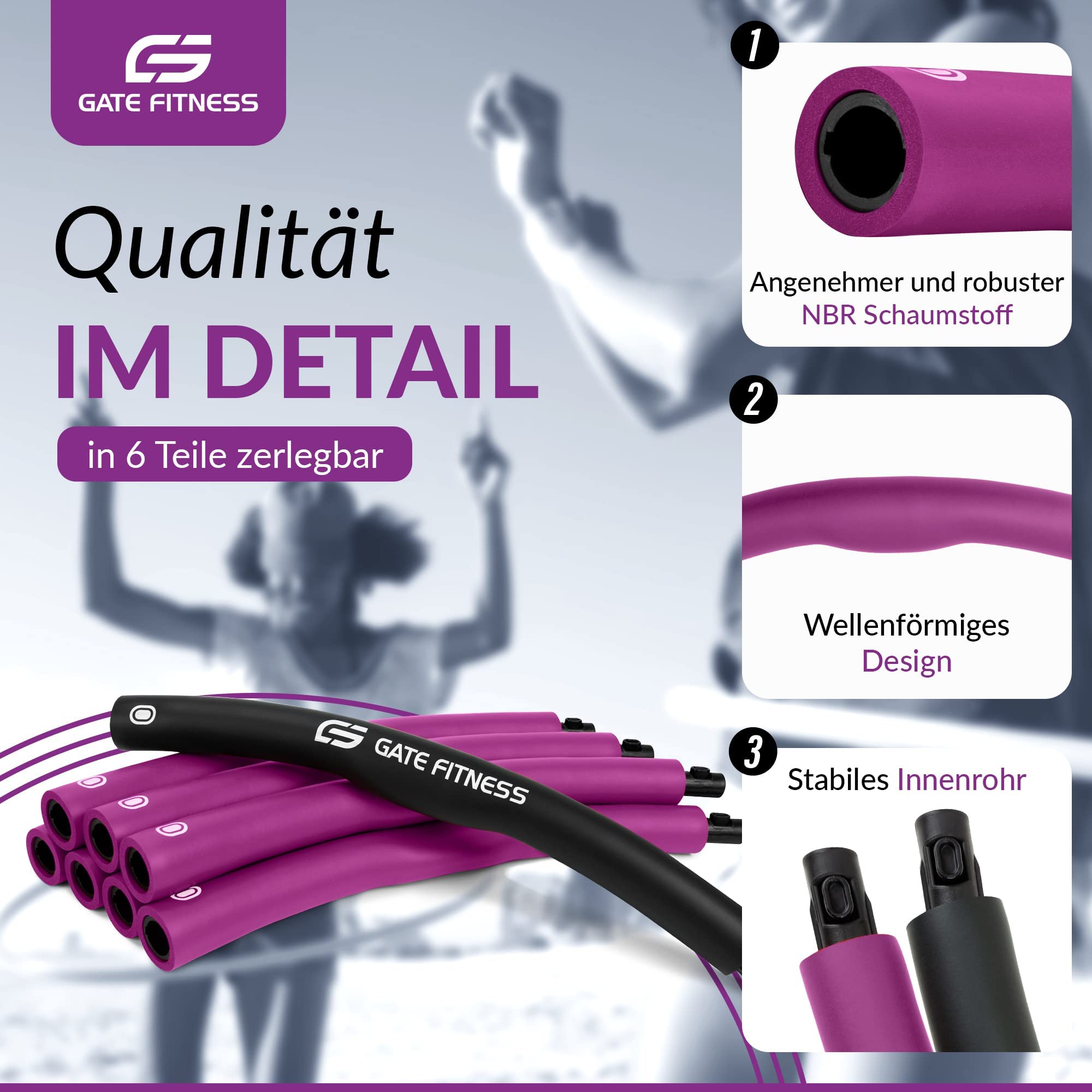 GATE FITNESS Hula Hoop - Pneumatico dimagrante per adulti e bambini [1,2 kg/1,5 kg/2 kg] | 6 fino a 8 segmenti Hoola con design ondulato, per principianti e avanzati, pneumatici fitness con schiuma