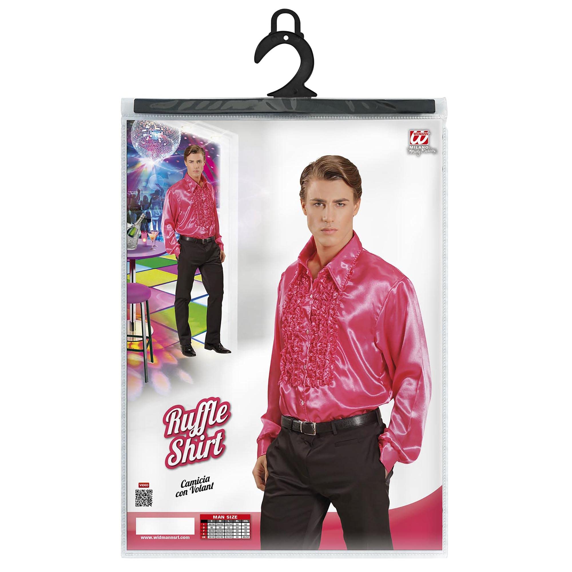Widmann 01184-70s Disco Style Shirt, Adult Man, Made of Satin, With Ruffles, Carnival, Disco, Size XL, Pink Color - Image 2