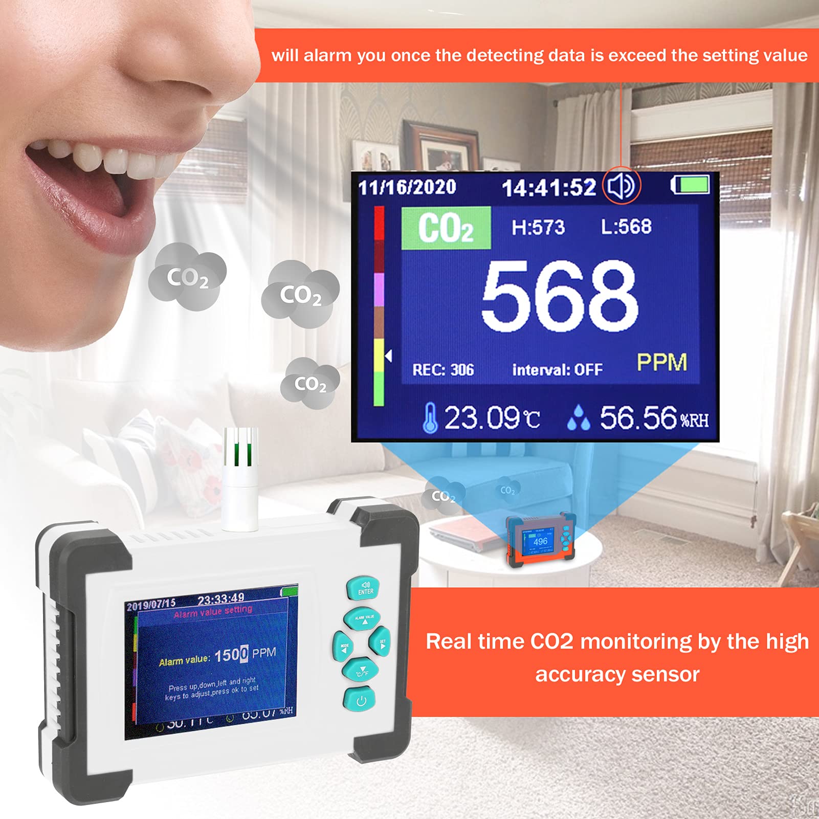 Kohlendioxid Detektor, Luftqualität Messgerät CO2 Meter Luftfeuchtigkeitstemperatur-Tester ℃ / ℉ Umschaltbarer Luftqualitätsmonitor + PDF-Exportdatenfunktion(B)