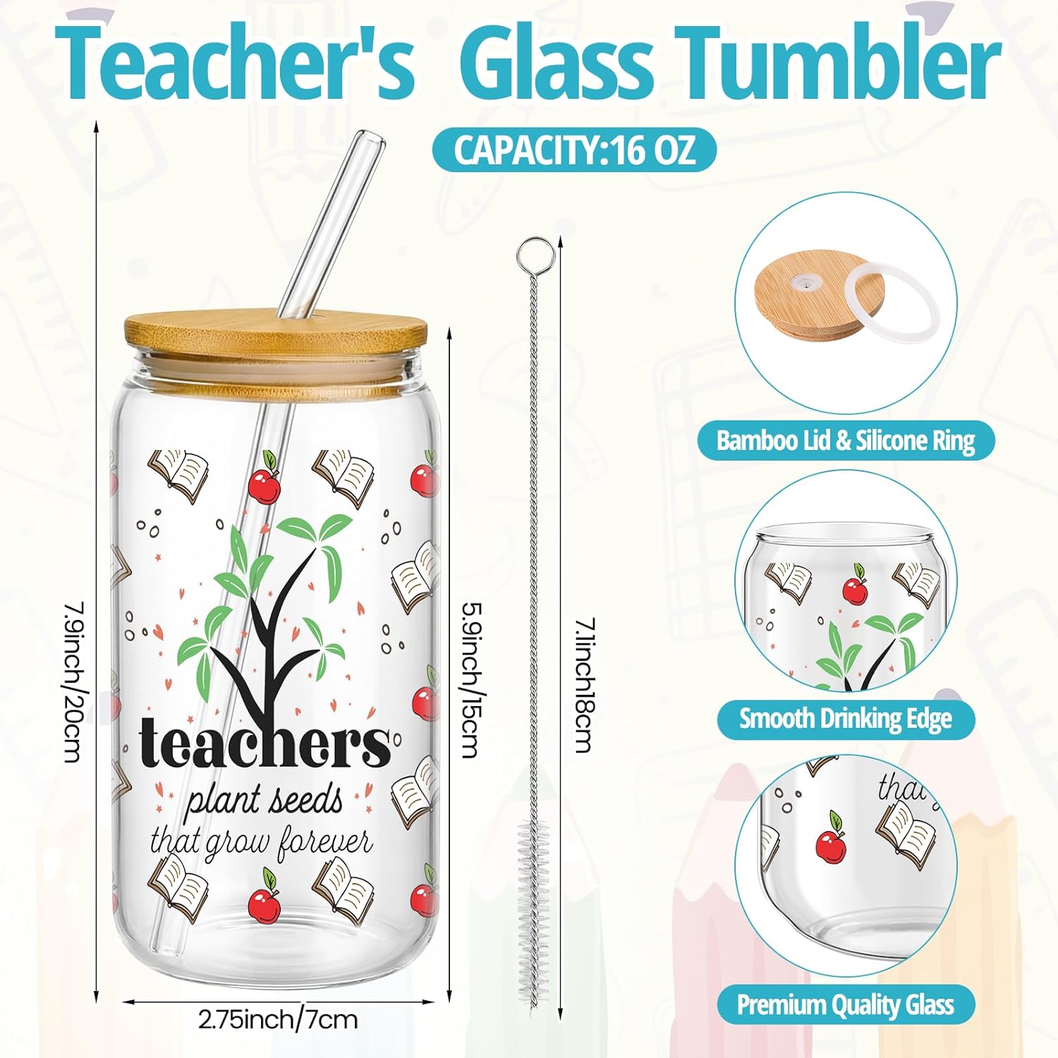 Honeydak 5 Sets Teacher Appreciation Gifts 2026 Thank You Glass Cups with Lid and Straw 16 oz Inspirational Clear PVC Gift Bags Novelty Socks Apple Keychain for Graduation Staff Retirement Party Favor