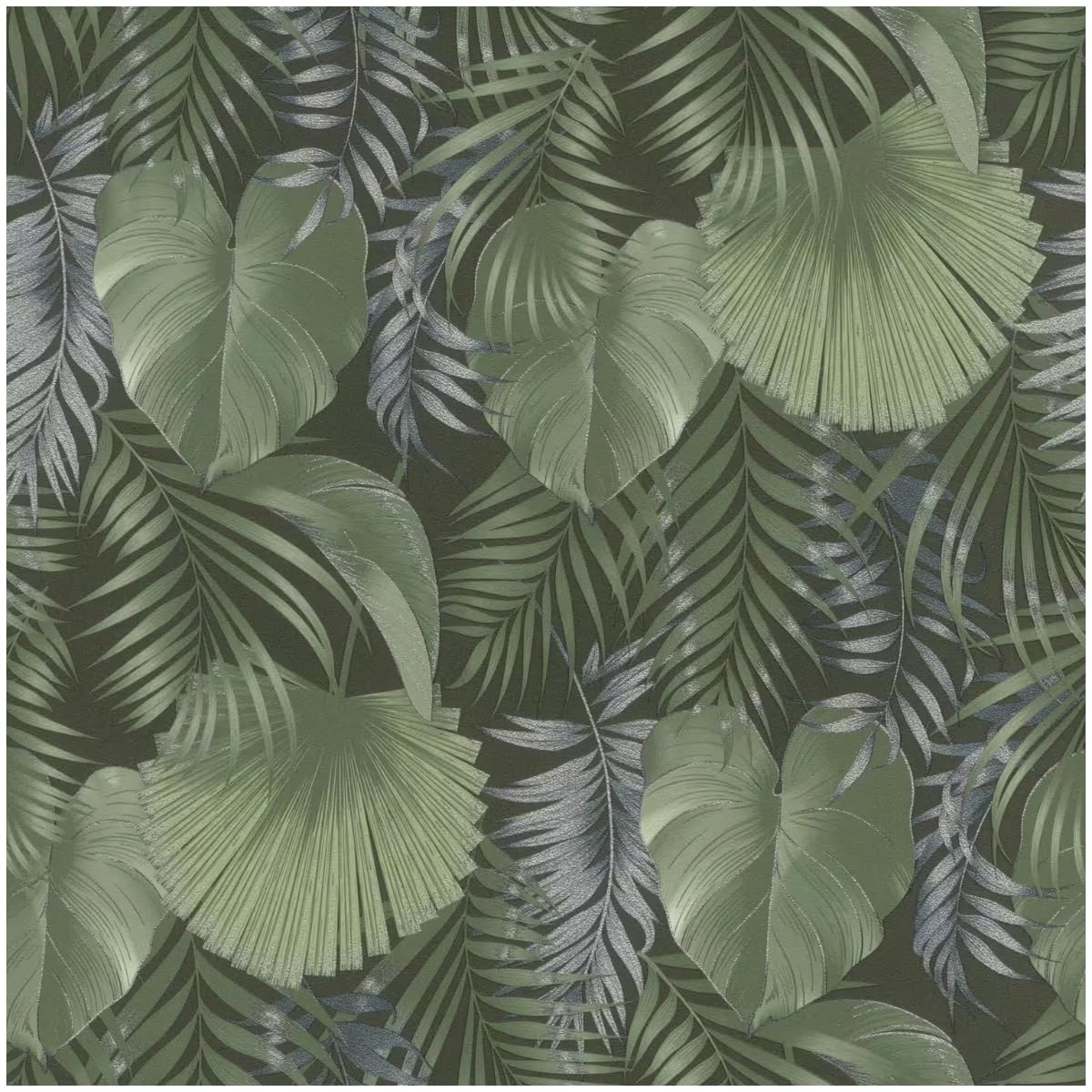 Tropical Palm Leaf Vinyl Wallpaper in Sage Green and Silver on Dark Background Elegant Botanical Jungle Design for Living Room Bedroom Dining Room or Feature Wall Decor