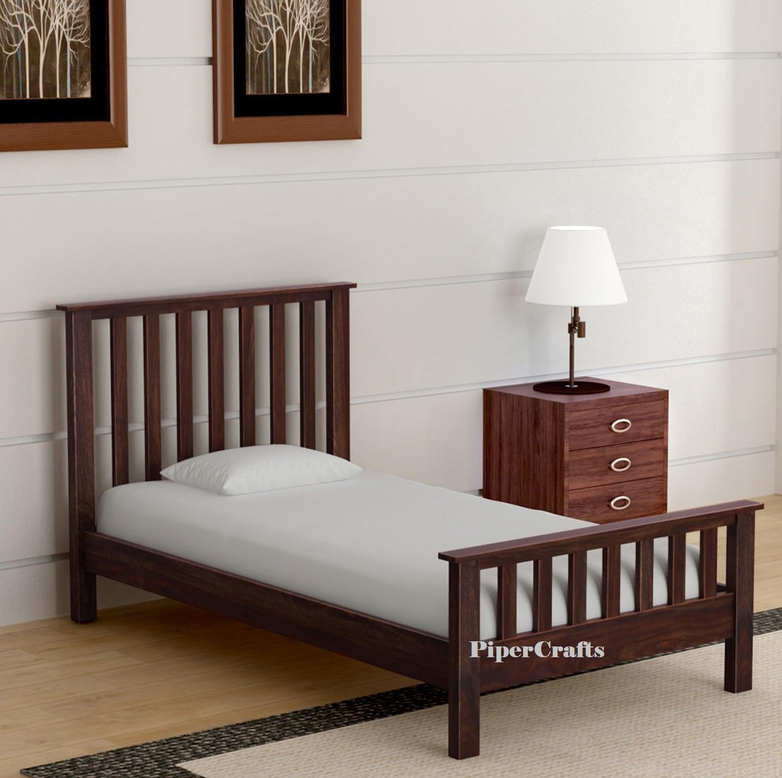 PIPERCRAFTS Sheesham Solid Single Bed Wooden in Walnut Finish Strong Platform Cot Bed/Palang for Bedroom/Hotel & Living Room | Finish:- Walnut |Without Matteres