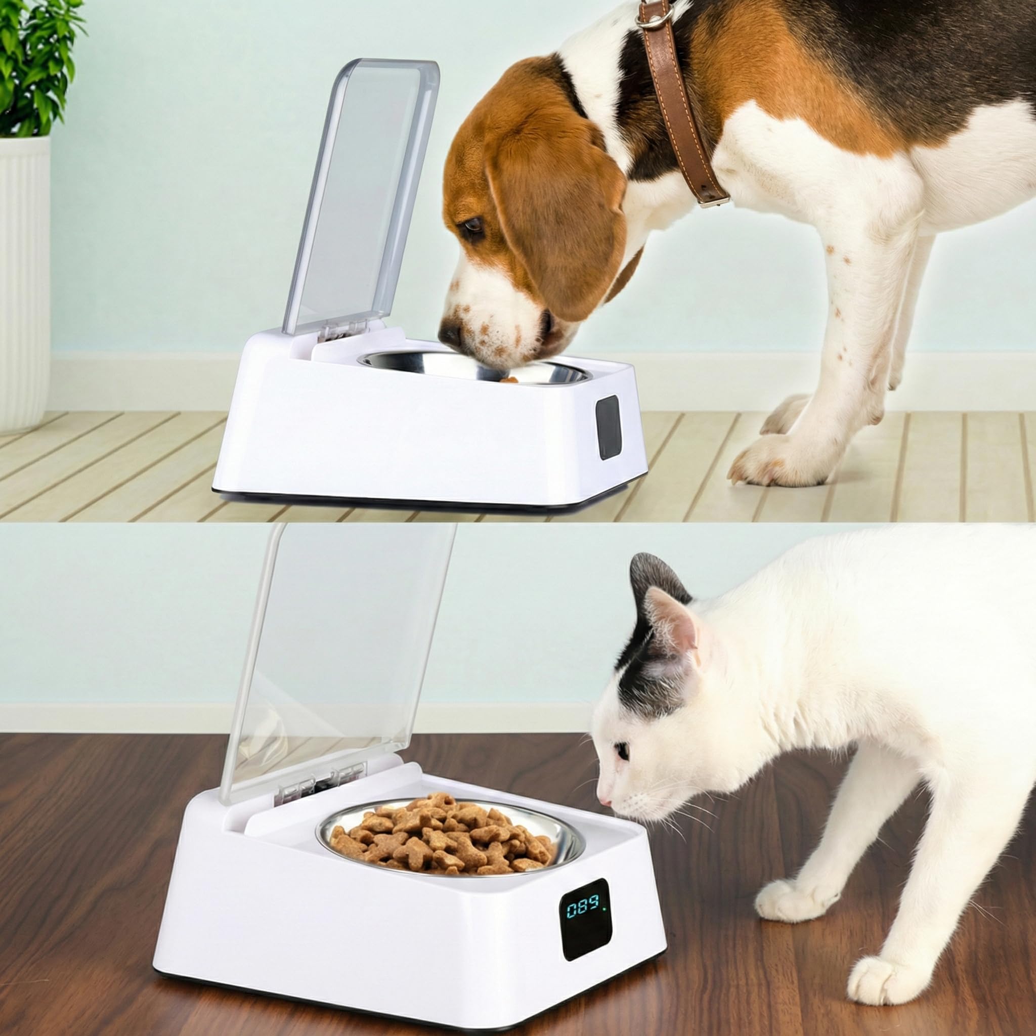 BESPORTBLE Automatischer Futterautomat Katze & Hund für Nass- & Trockenfutter, Sensor Futterspender öffnet Automatisch, Luftdicht gegen Gerüche & Insekten, Edelstahlnapf, Batteriebetrieben