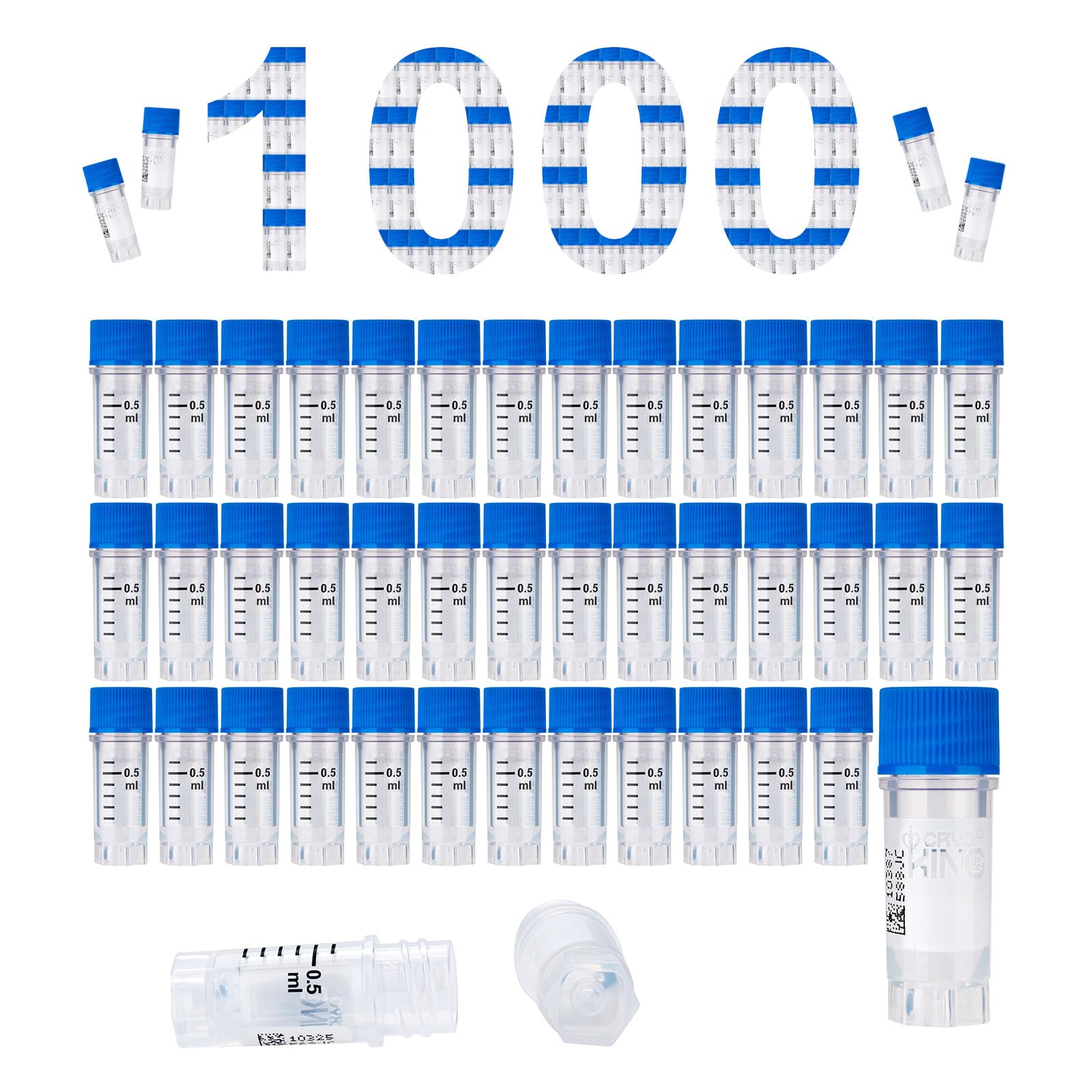 1000 Stück Kunststoff Kryoröhrchen, Probenröhrchen Kunststoff 0.5ml, Gefrierröhrchen mit Barcode und Schraubverschluss für Labor Chemie Experimente (1000)