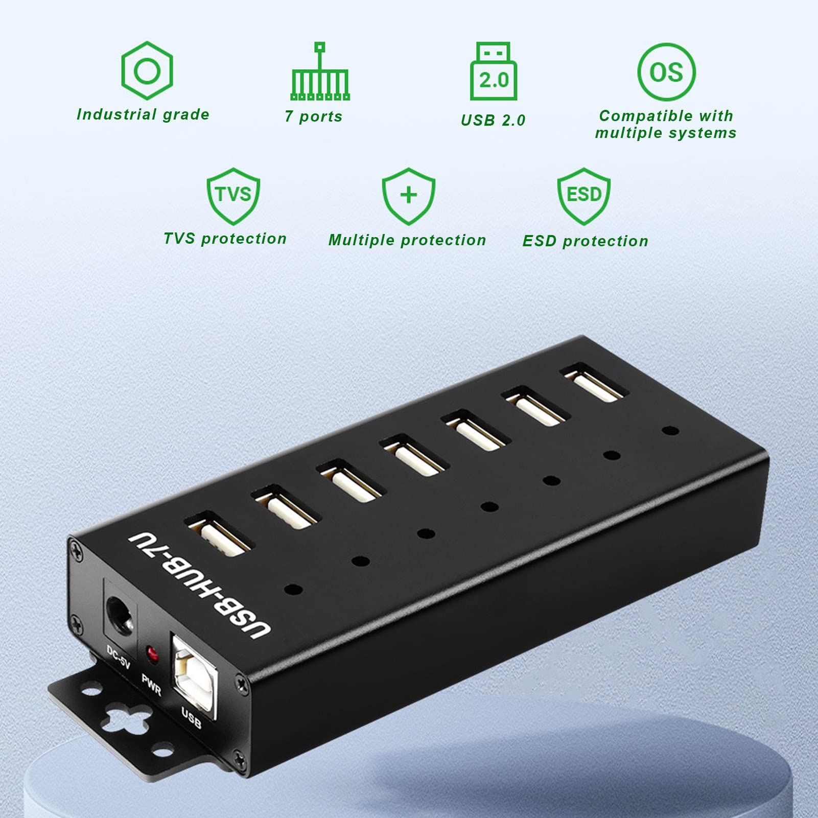 Concentrador USB 2.0 de 7 Puertos, Concentrador USB a Industrial de Metal con Protección ESD, Concentrador USB 2.0 Expandido de Alta Velocidad de 7 Puertos de Grado Industrial, Riel DIN, Montaje(EU)
