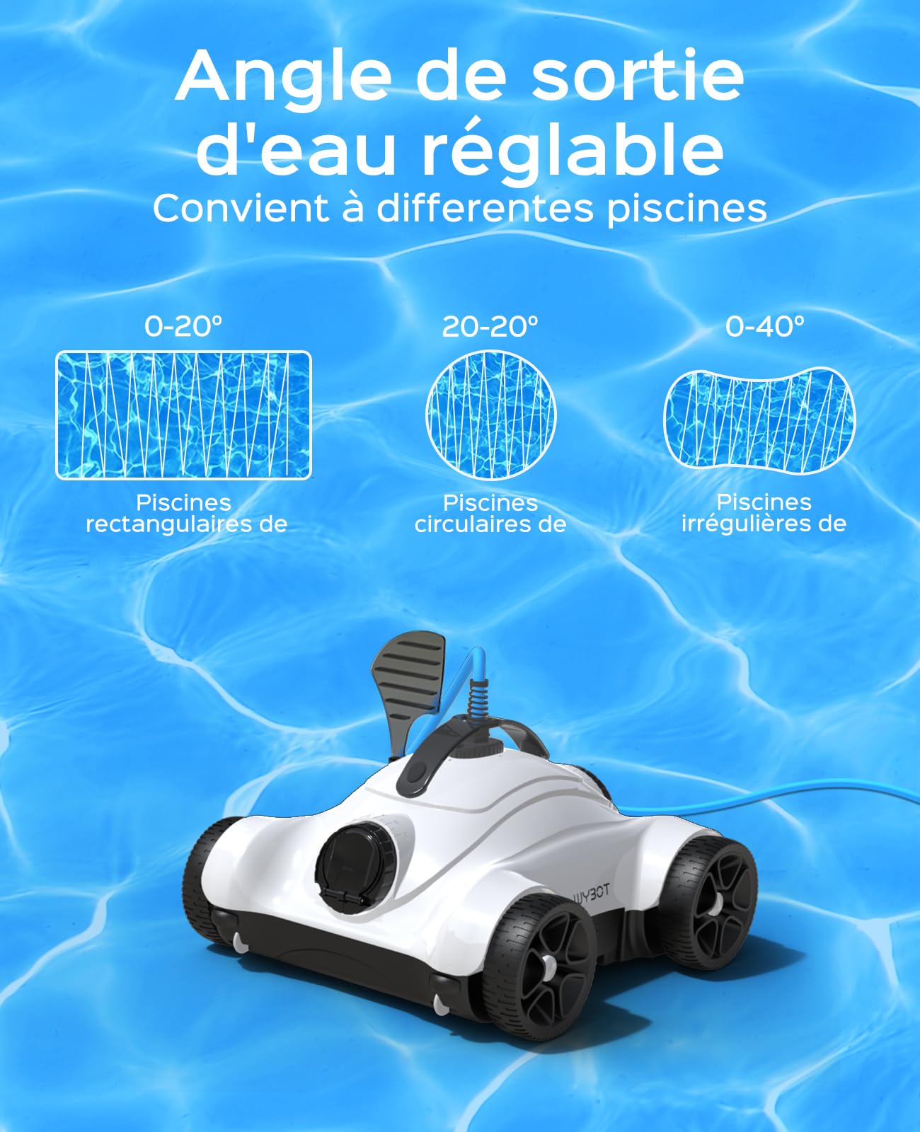 WYBOT Grampus 400 Robot Piscine, Super Aspiration 150W, Double Moteur, 3 Options de Durée de Travail, Angle de Buse Réglable, Adapté aux Piscines à Fond Plat