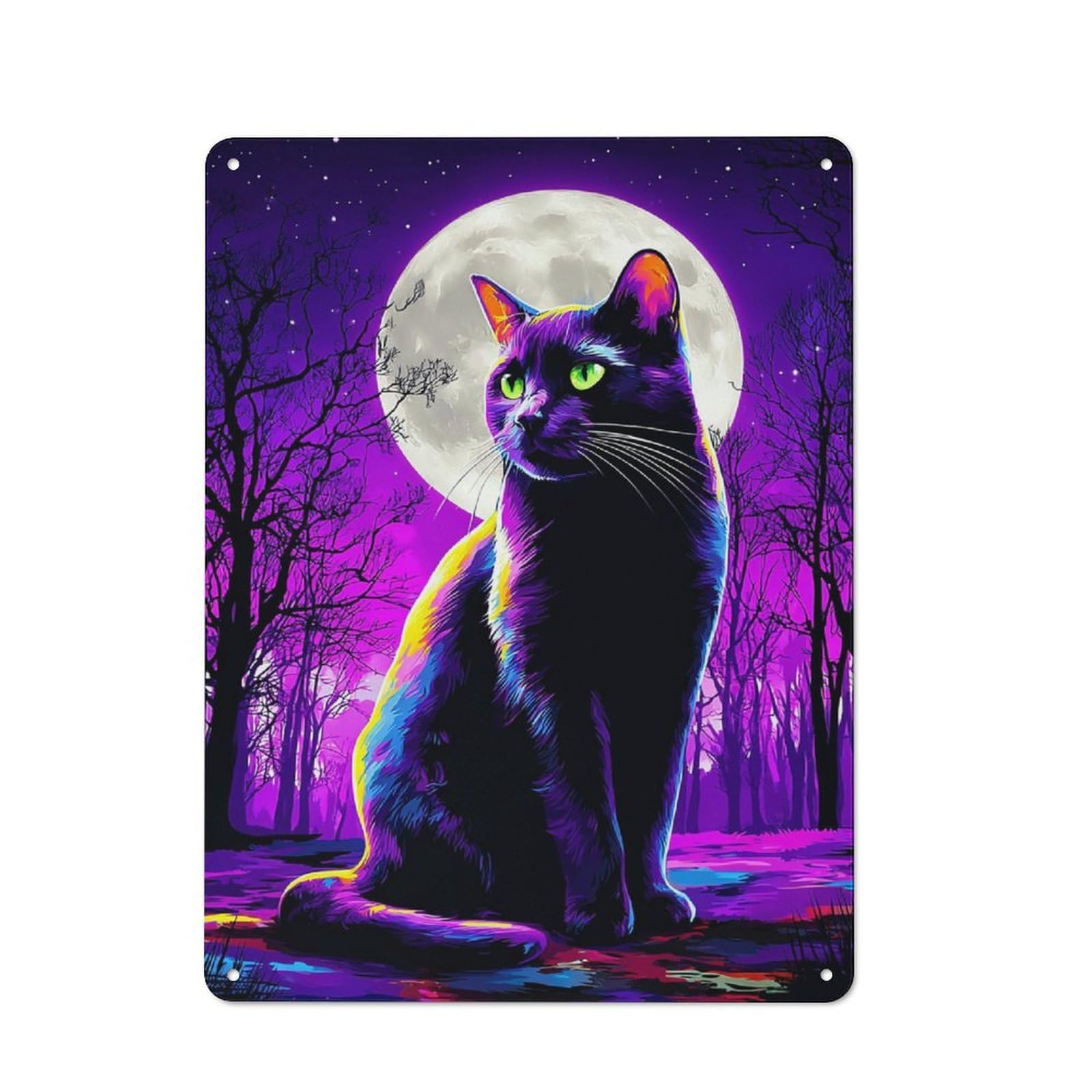 Shop Front Style Neon Moonlit Cat -1 Decorative Metal Plaque 40x30cm, Shop Wall Decor for Cafe, Bistro, Bakery Or Restaurant