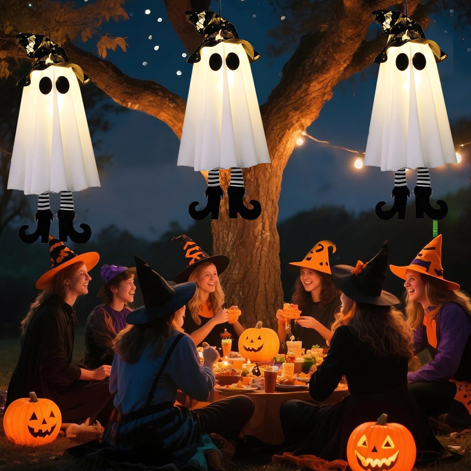 Halloween Deko, 3 Stück Hängend Geister mit Hexenhut, Leuchtend Geister Lichter, Halloween Deko Outdoor für Zuhause Baum Garten Hof, Festliche Atmosphären Horror Motto Party Requisiten